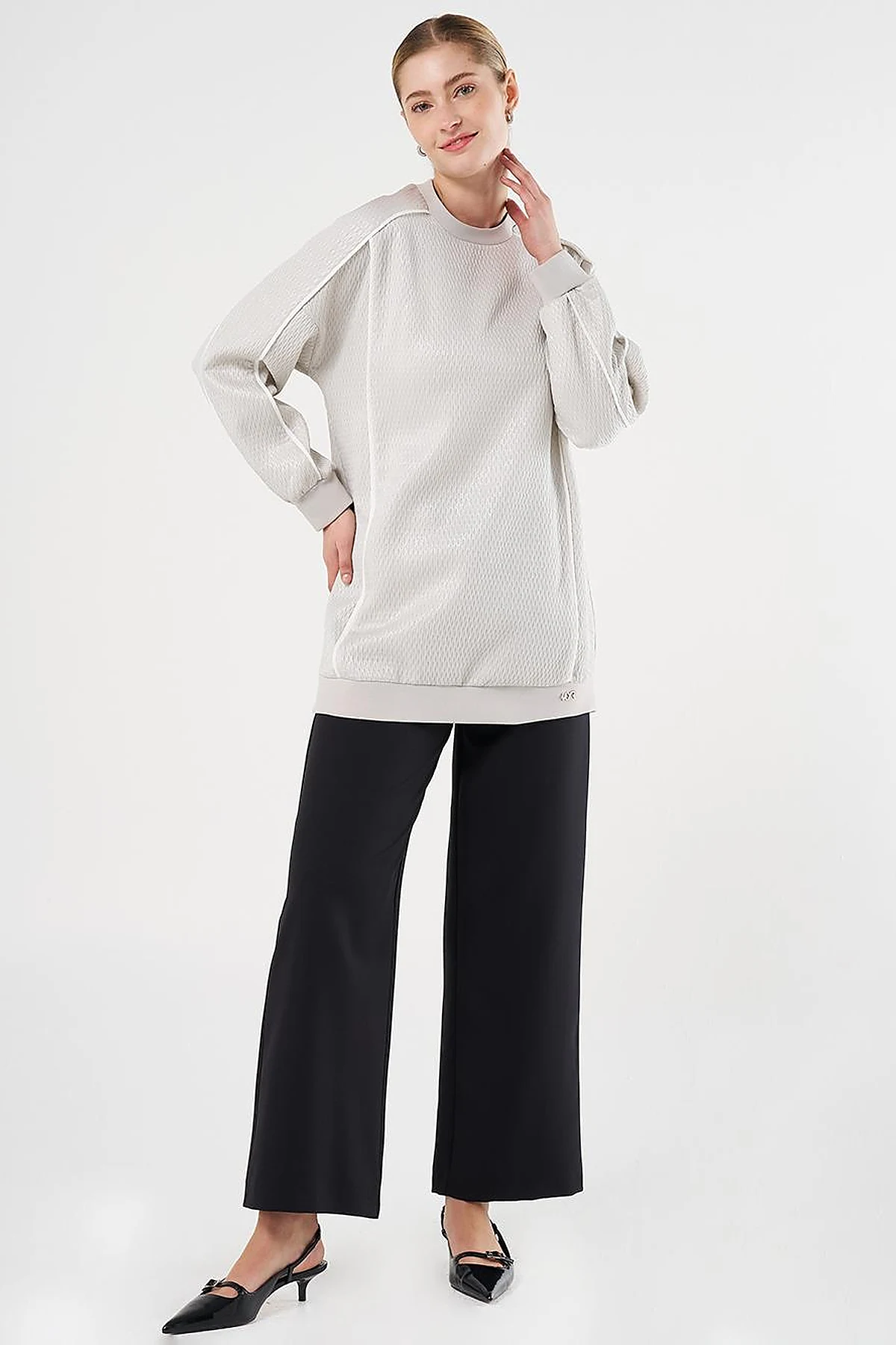 Düşük Omuz Gofreli Sweatshirt Gri 