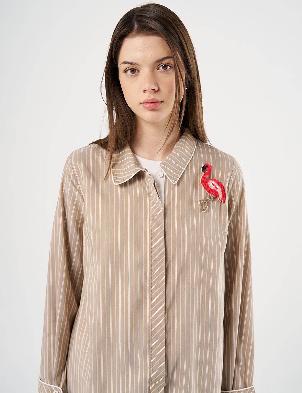  Flamingo Brooch Detailed Striped Tunic Beige