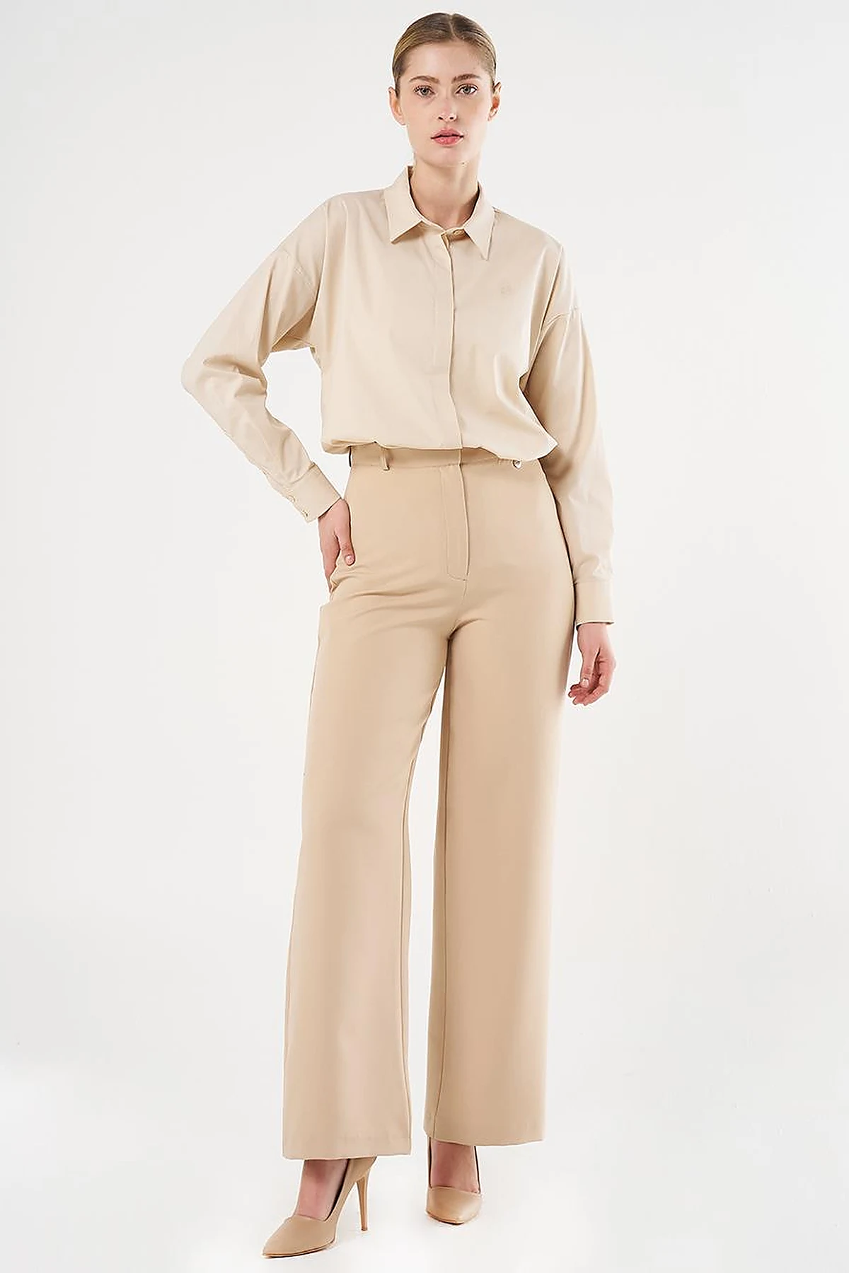 High-Waist Basic Pants Beige 