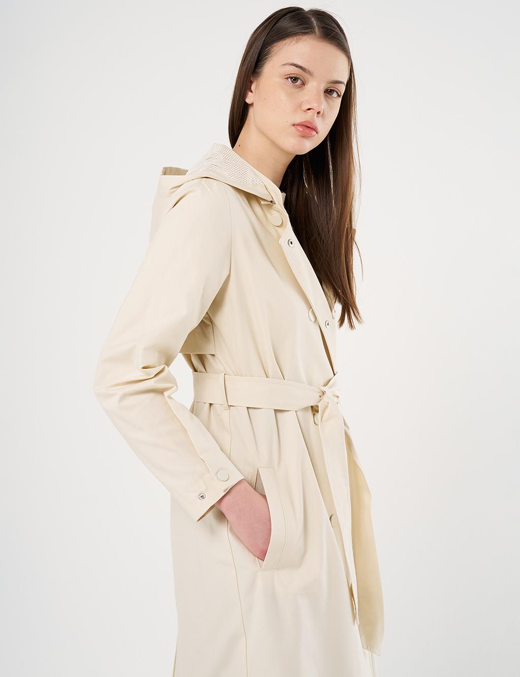 Belted Long Trench Coat Cream