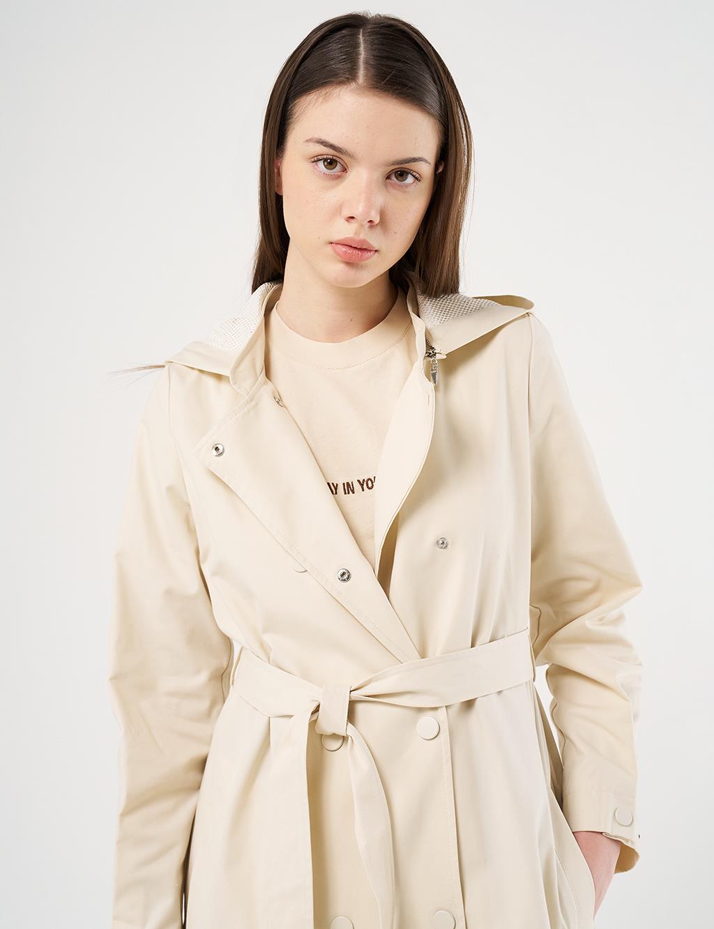 Belted Long Trench Coat Cream