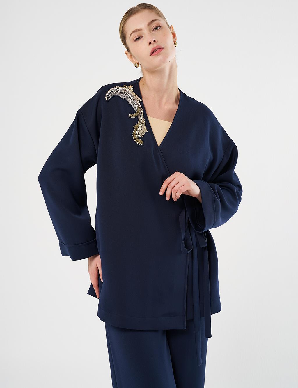 Embroidered Appliqué Double-Breasted Tie-Front Two-Piece Set Dark Navy