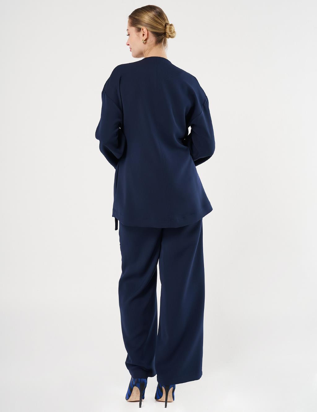 Embroidered Appliqué Double-Breasted Tie-Front Two-Piece Set Dark Navy