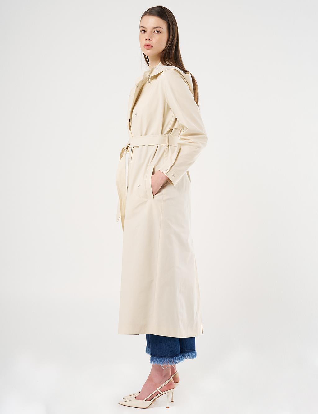 Belted Long Trench Coat Cream
