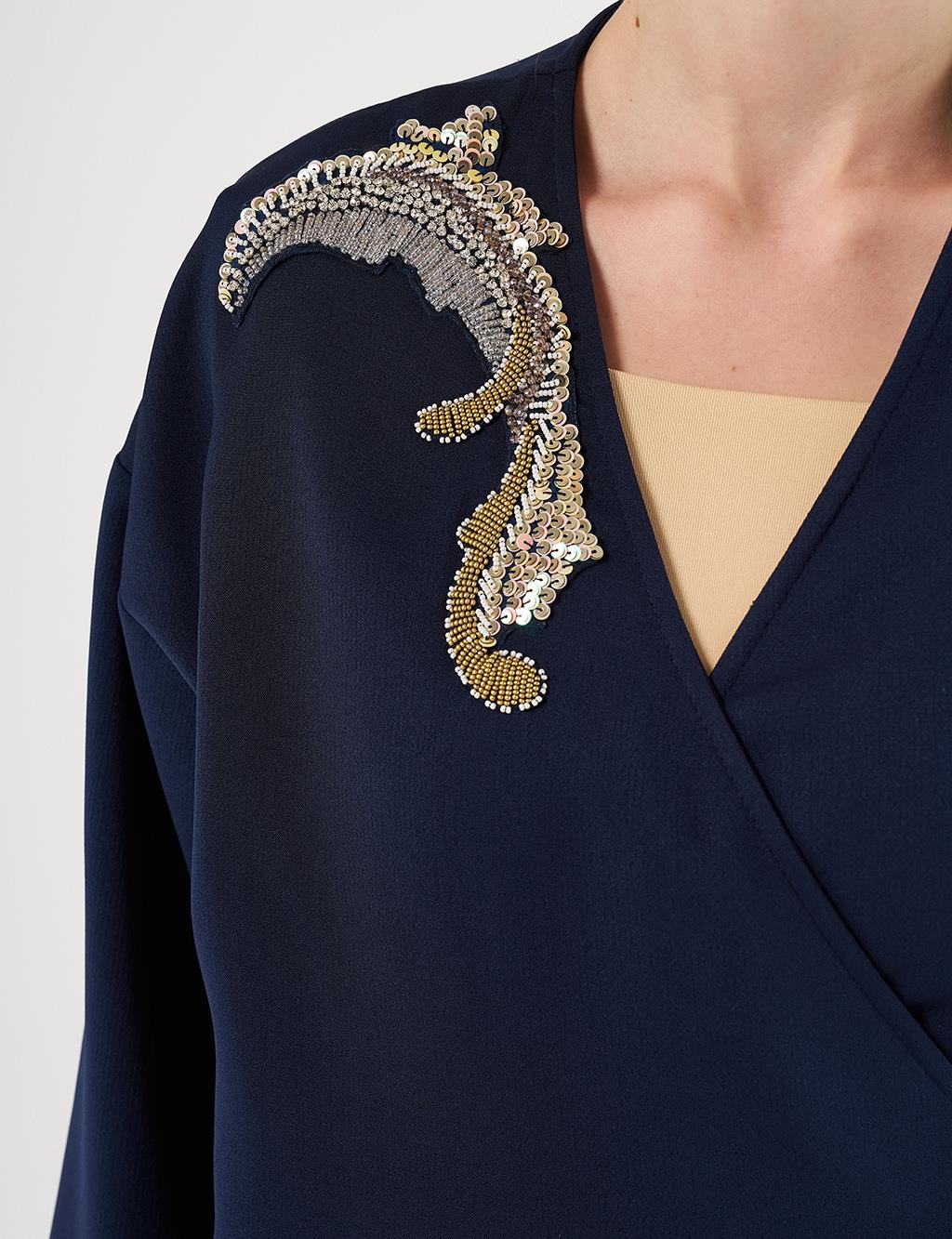 Embroidered Appliqué Double-Breasted Tie-Front Two-Piece Set Dark Navy