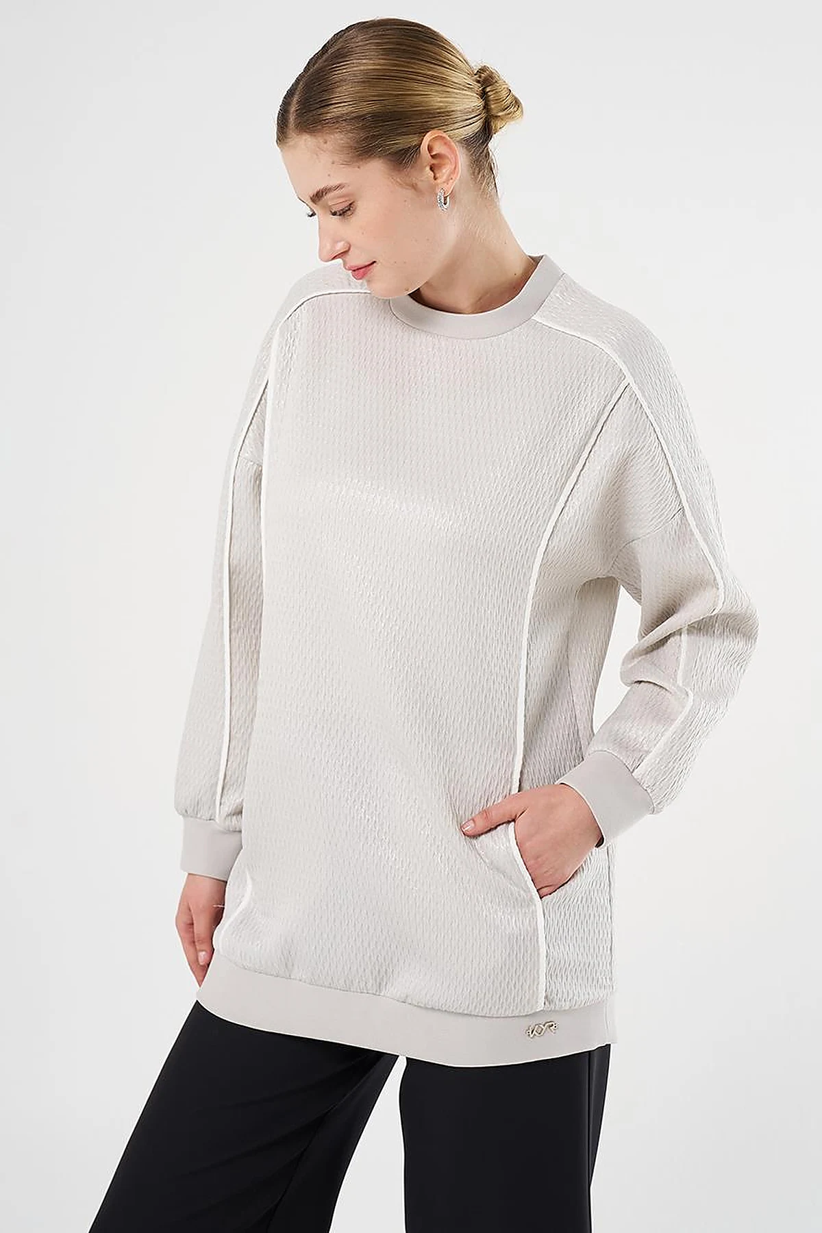 Düşük Omuz Gofreli Sweatshirt Gri 