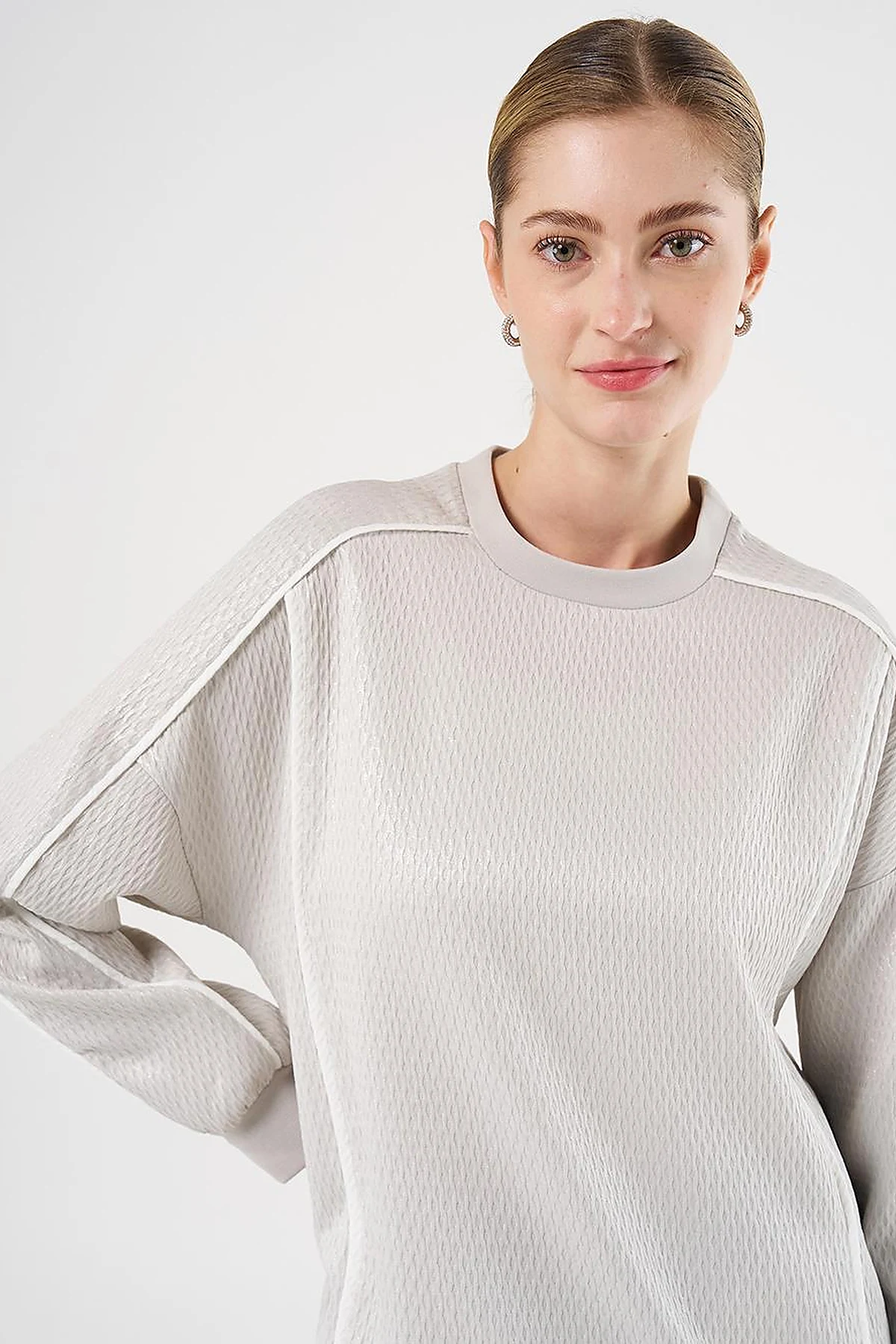 Düşük Omuz Gofreli Sweatshirt Gri 