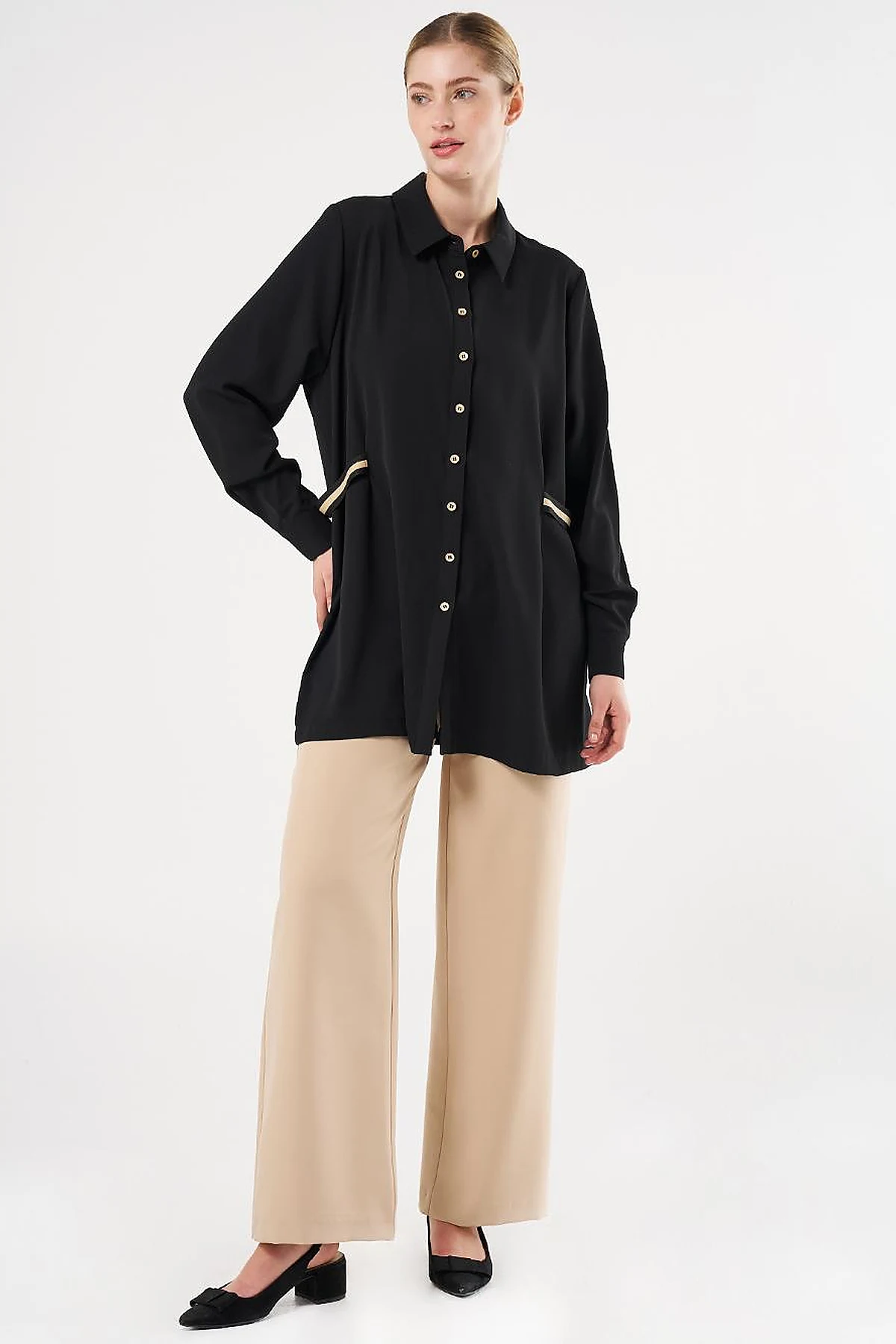 Grosgrain Tie Shirt Collar Tunic Black