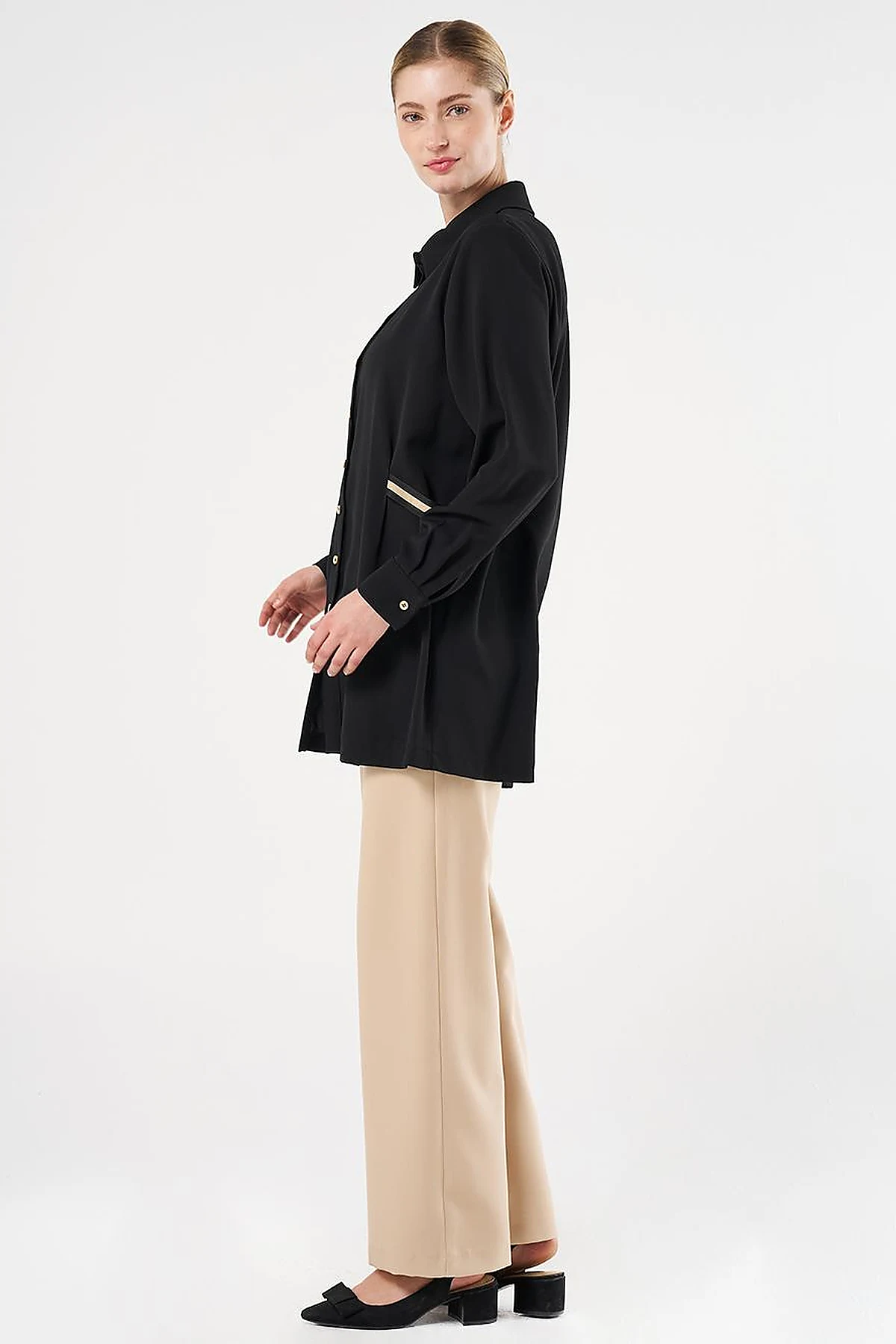 Grosgrain Tie Shirt Collar Tunic Black