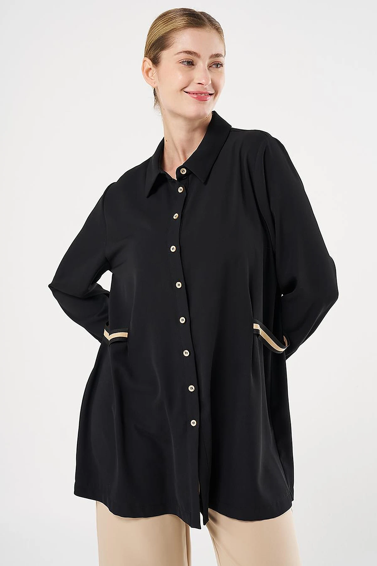 Grosgrain Tie Shirt Collar Tunic Black
