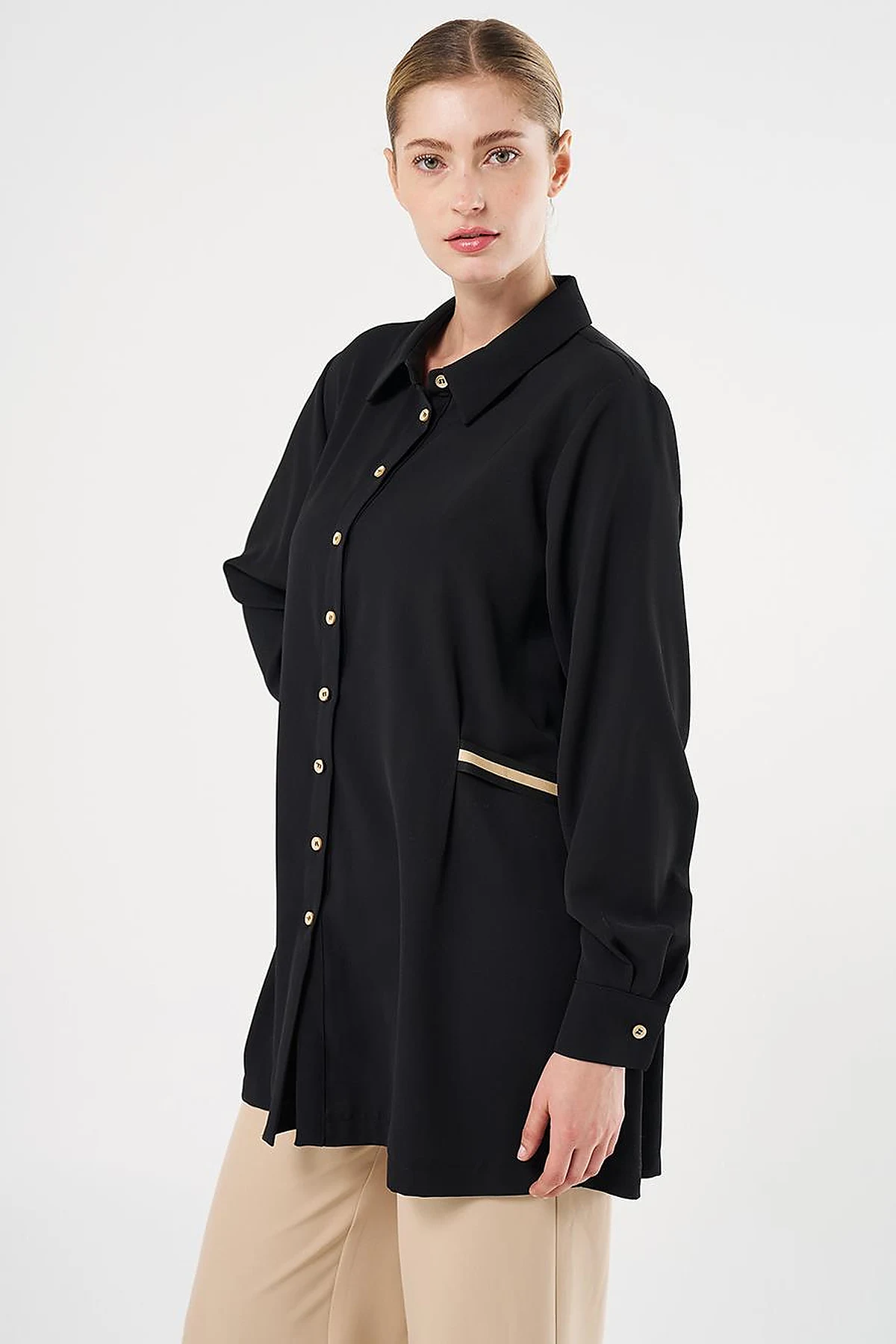 Grosgrain Tie Shirt Collar Tunic Black