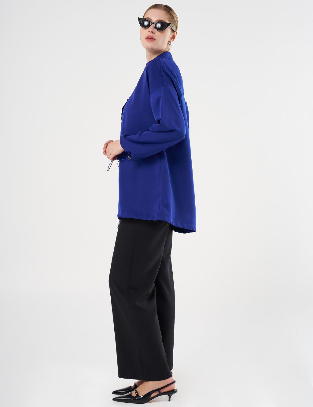  Shiny Buttoned Stand-Up Collar Tunic Cobalt Blue