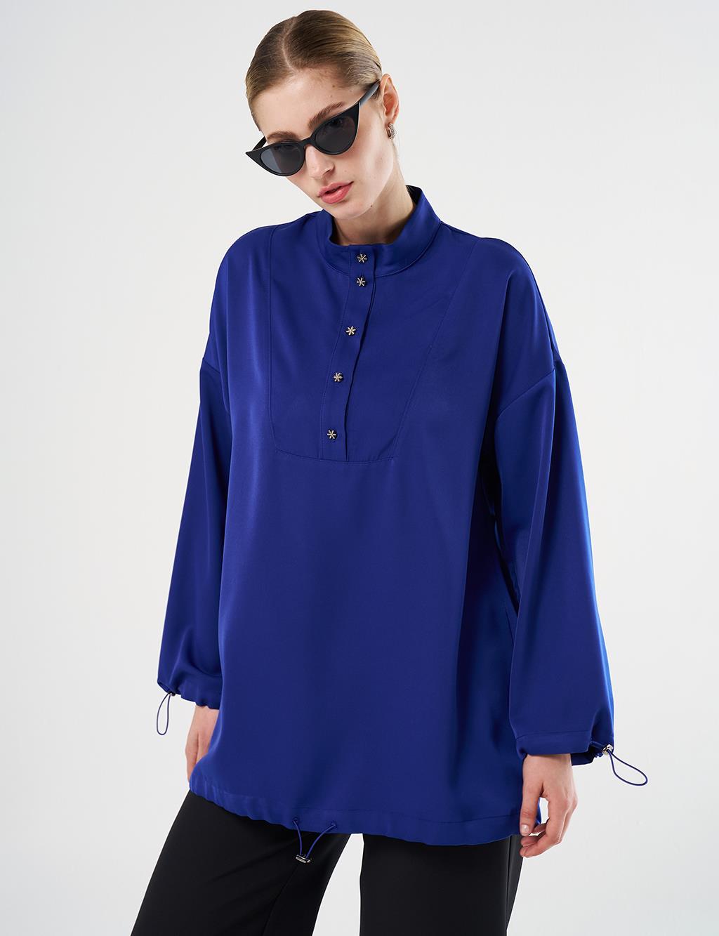  Shiny Buttoned Stand-Up Collar Tunic Cobalt Blue