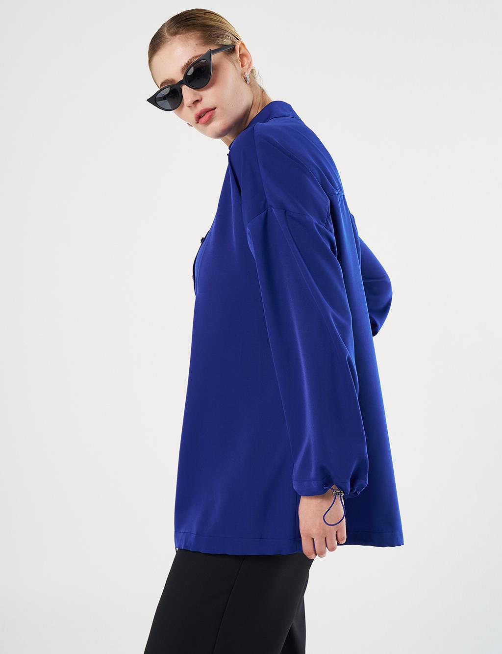  Shiny Buttoned Stand-Up Collar Tunic Cobalt Blue