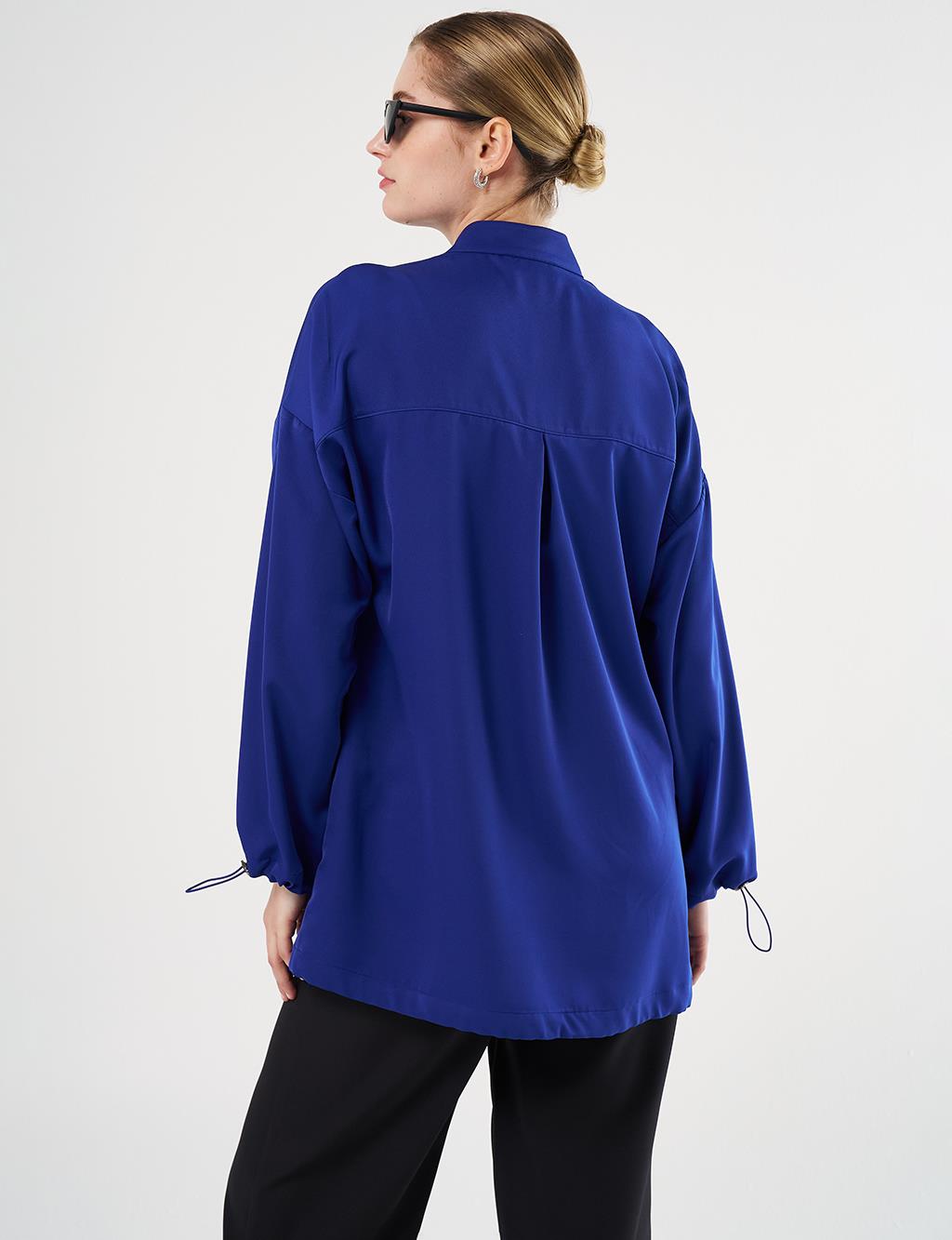  Shiny Buttoned Stand-Up Collar Tunic Cobalt Blue