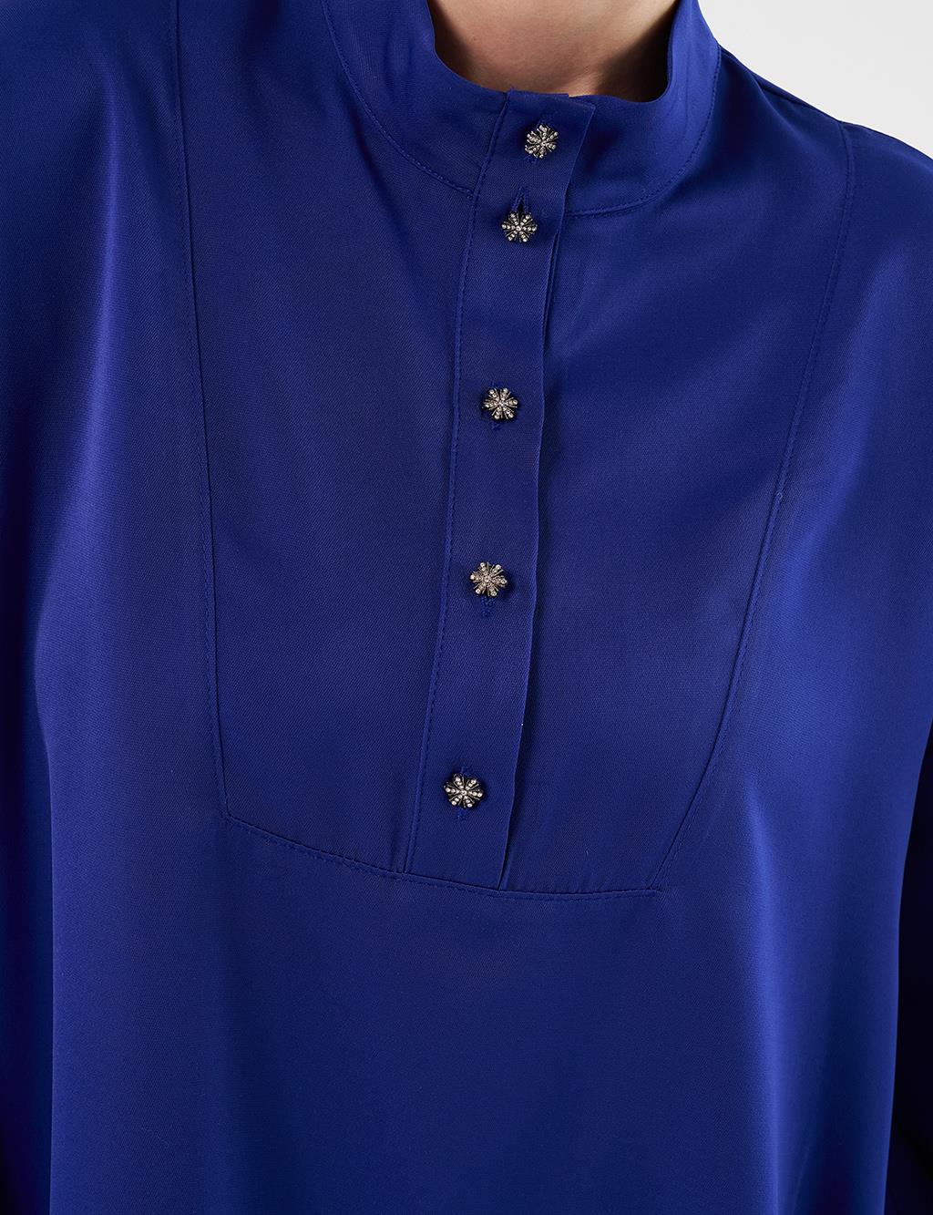  Shiny Buttoned Stand-Up Collar Tunic Cobalt Blue