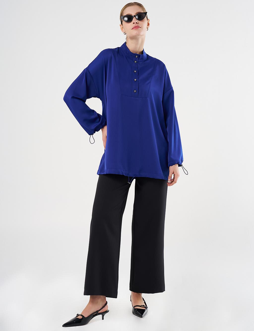  Shiny Buttoned Stand-Up Collar Tunic Cobalt Blue