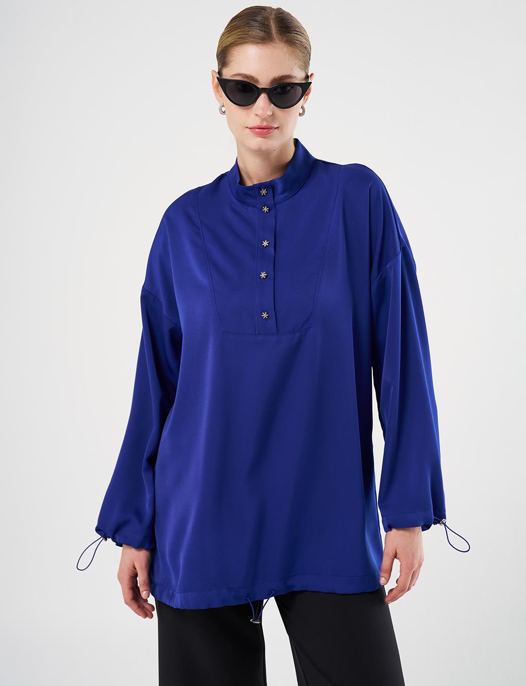  Shiny Buttoned Stand-Up Collar Tunic Cobalt Blue