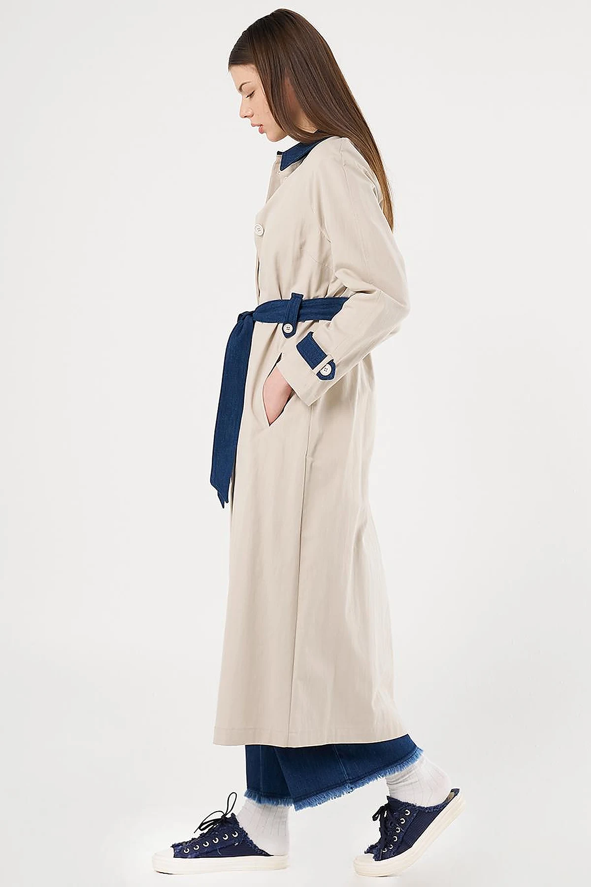 Denim Detailed Trench Coat Stone