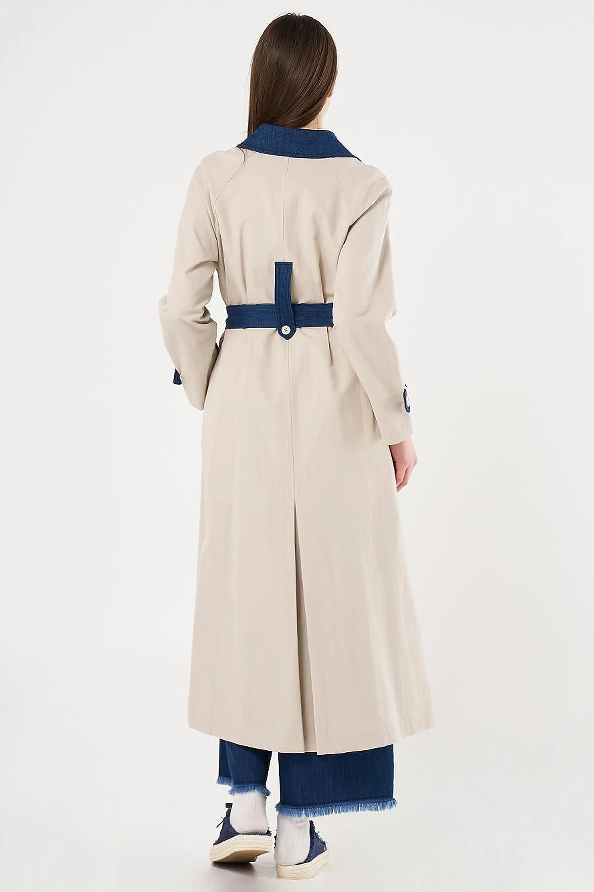 Denim Detailed Trench Coat Stone