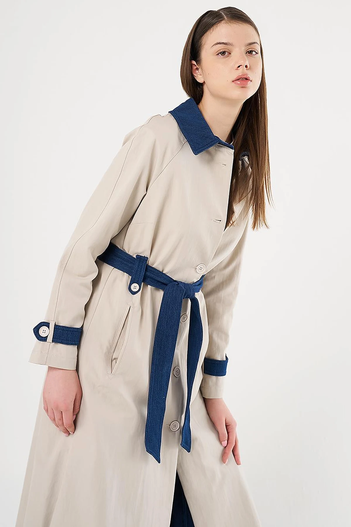Denim Detailed Trench Coat Stone