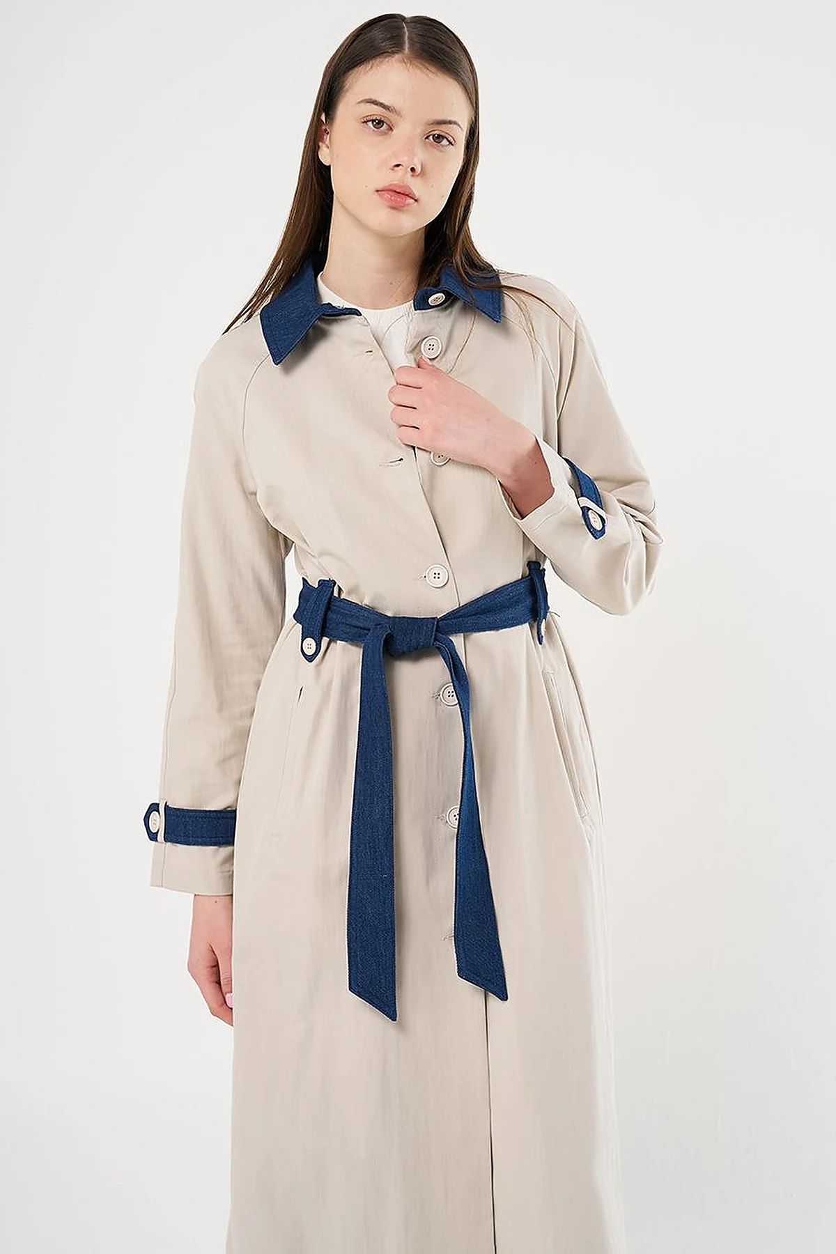 Denim Detailed Trench Coat Stone