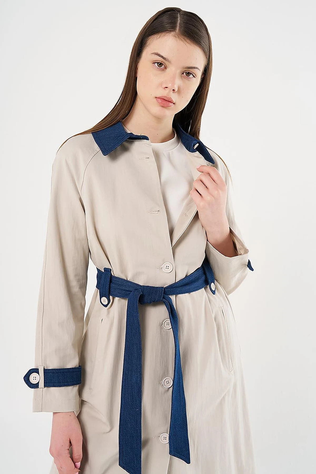 Denim Detailed Trench Coat Stone