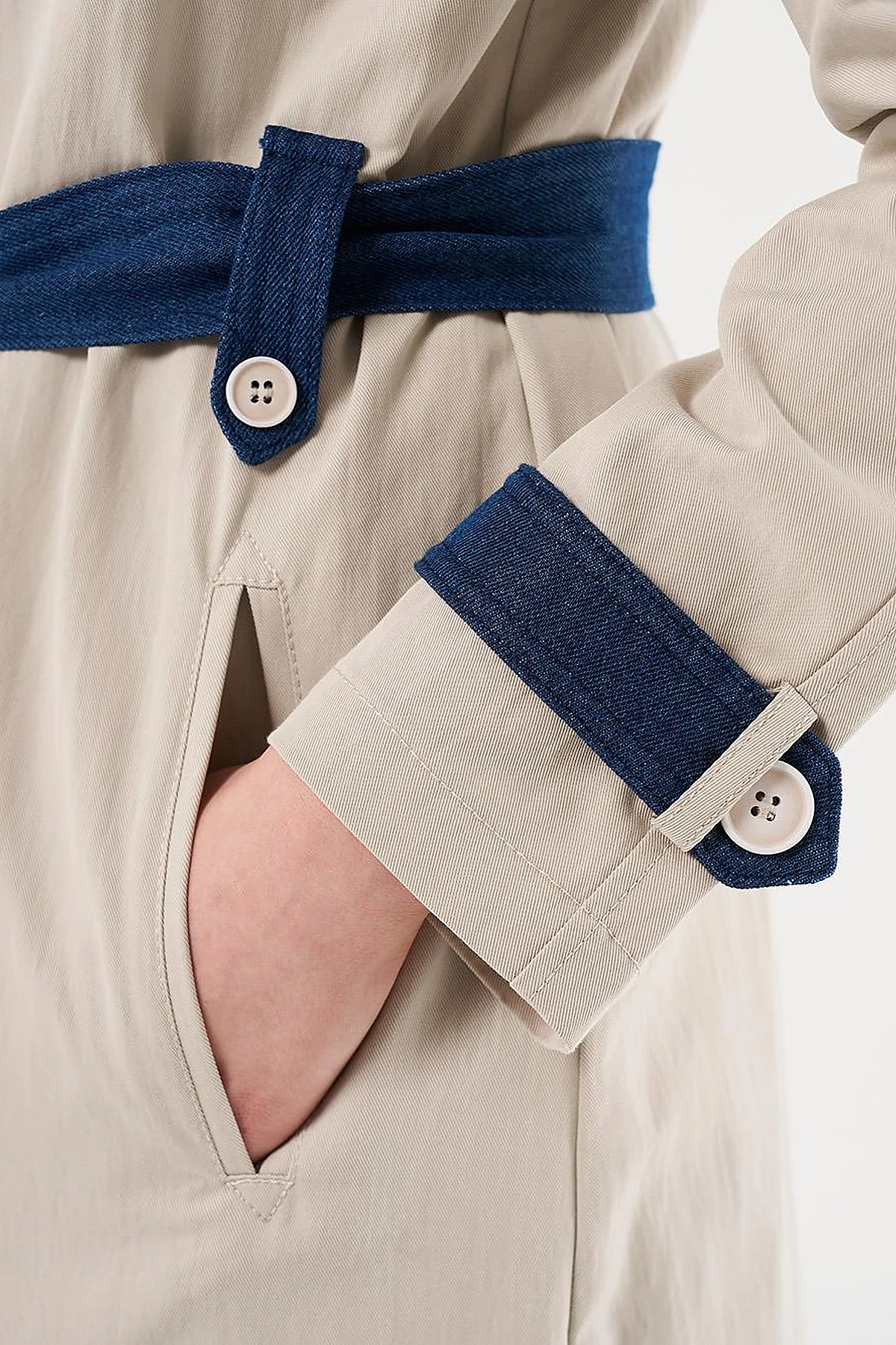 Denim Detailed Trench Coat Stone