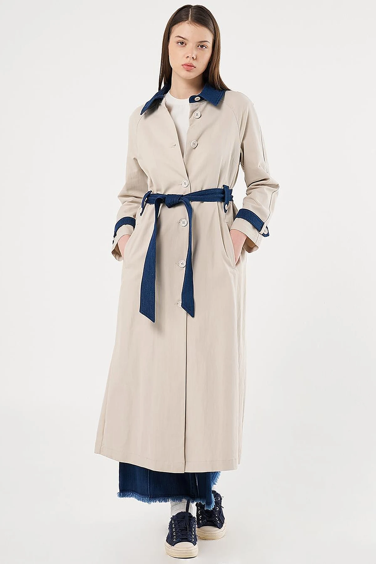 Denim Detailed Trench Coat Stone