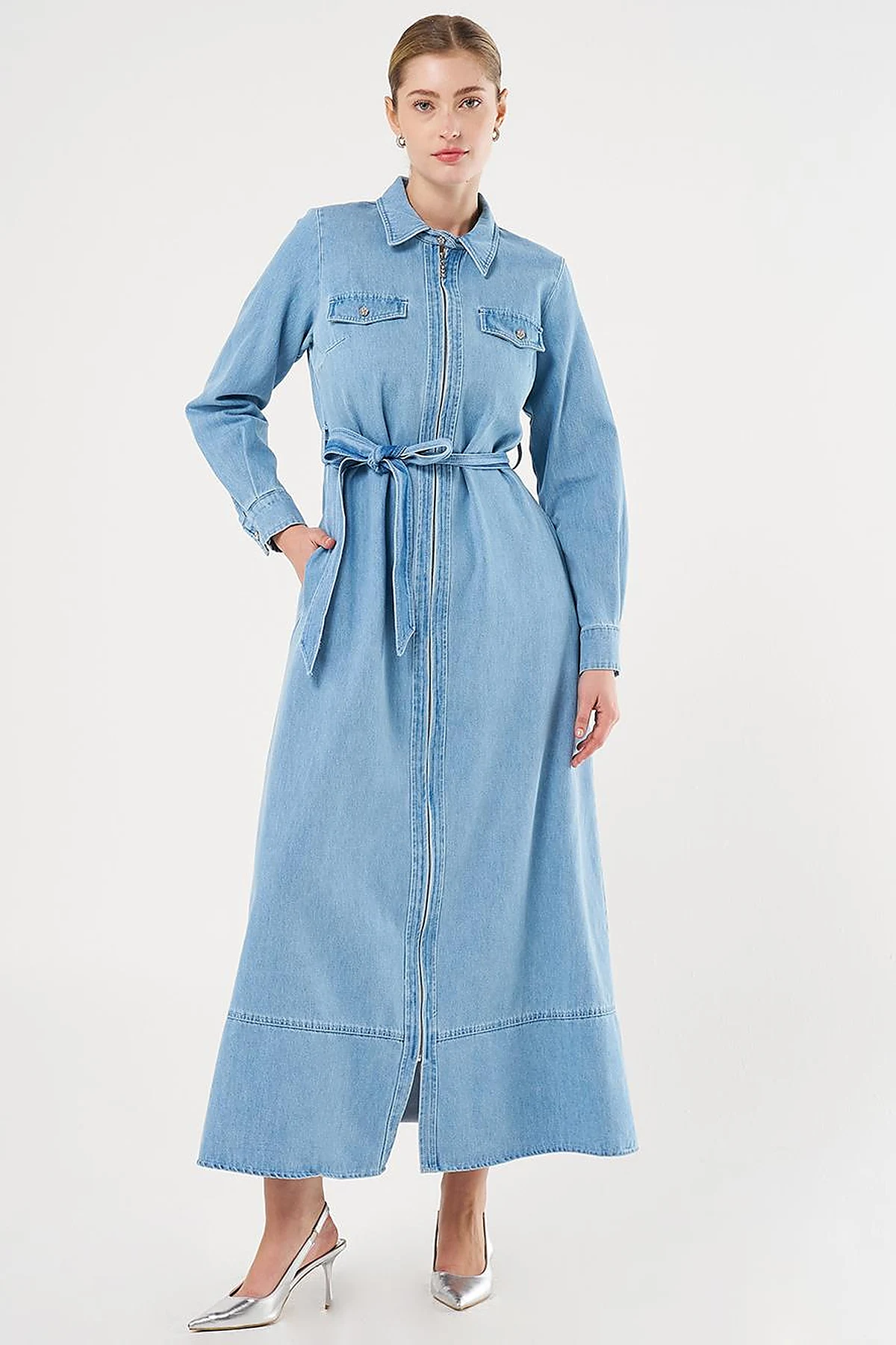  Flap Pocket and Belted Denim Dress Ice Blue