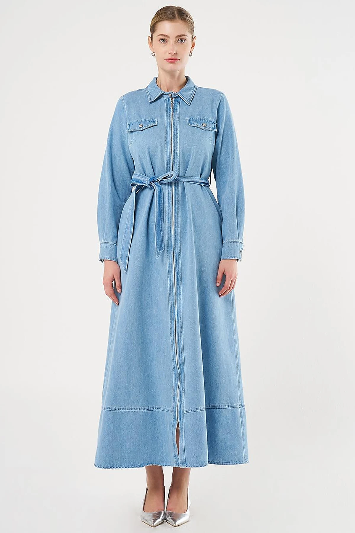  Flap Pocket and Belted Denim Dress Ice Blue
