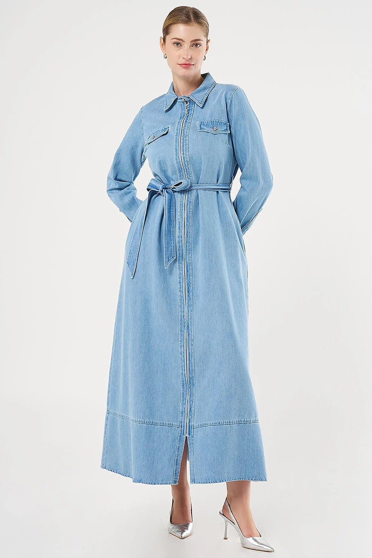  Flap Pocket and Belted Denim Dress Ice Blue