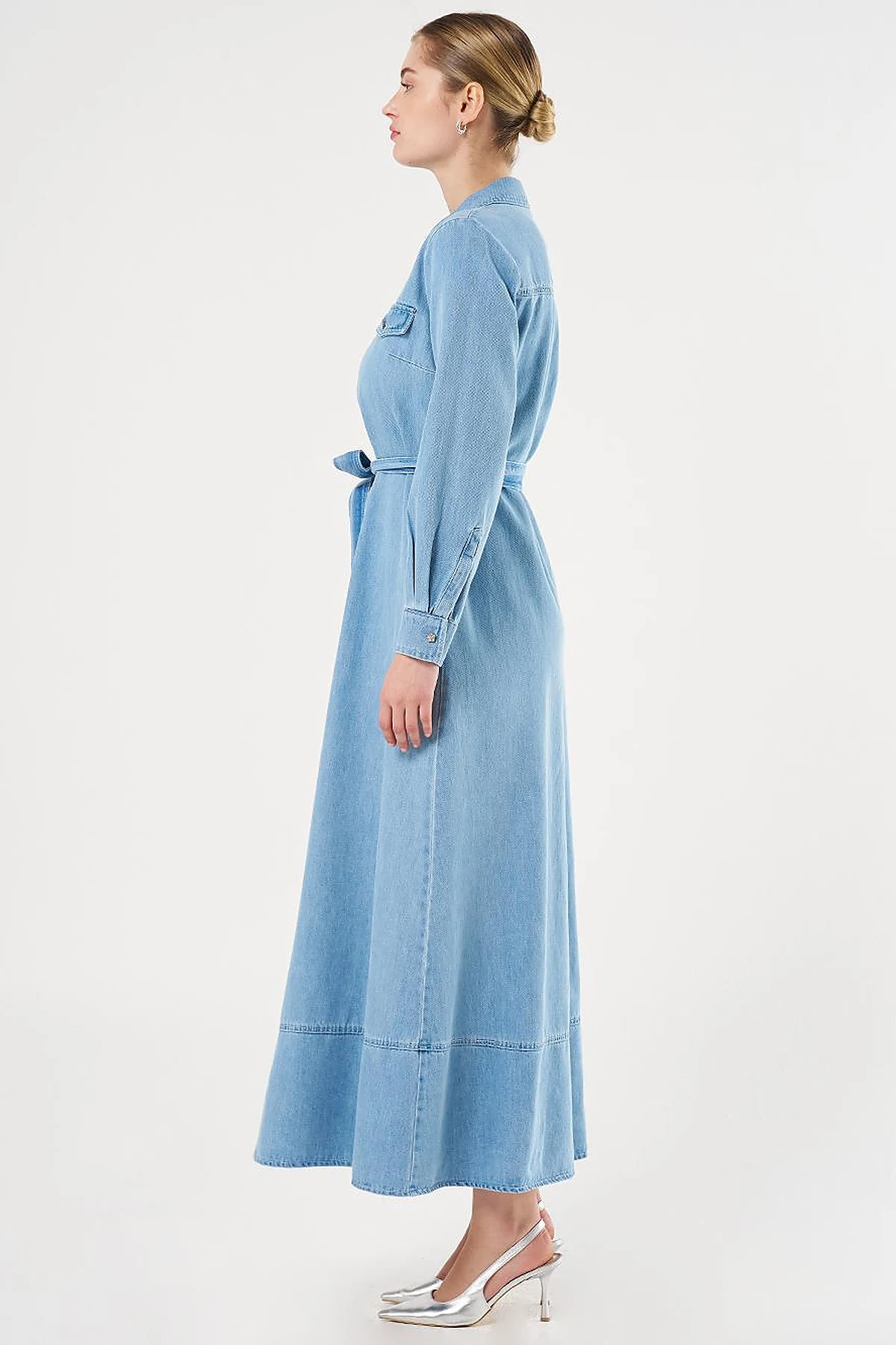 Flap Pocket and Belted Denim Dress Ice Blue
