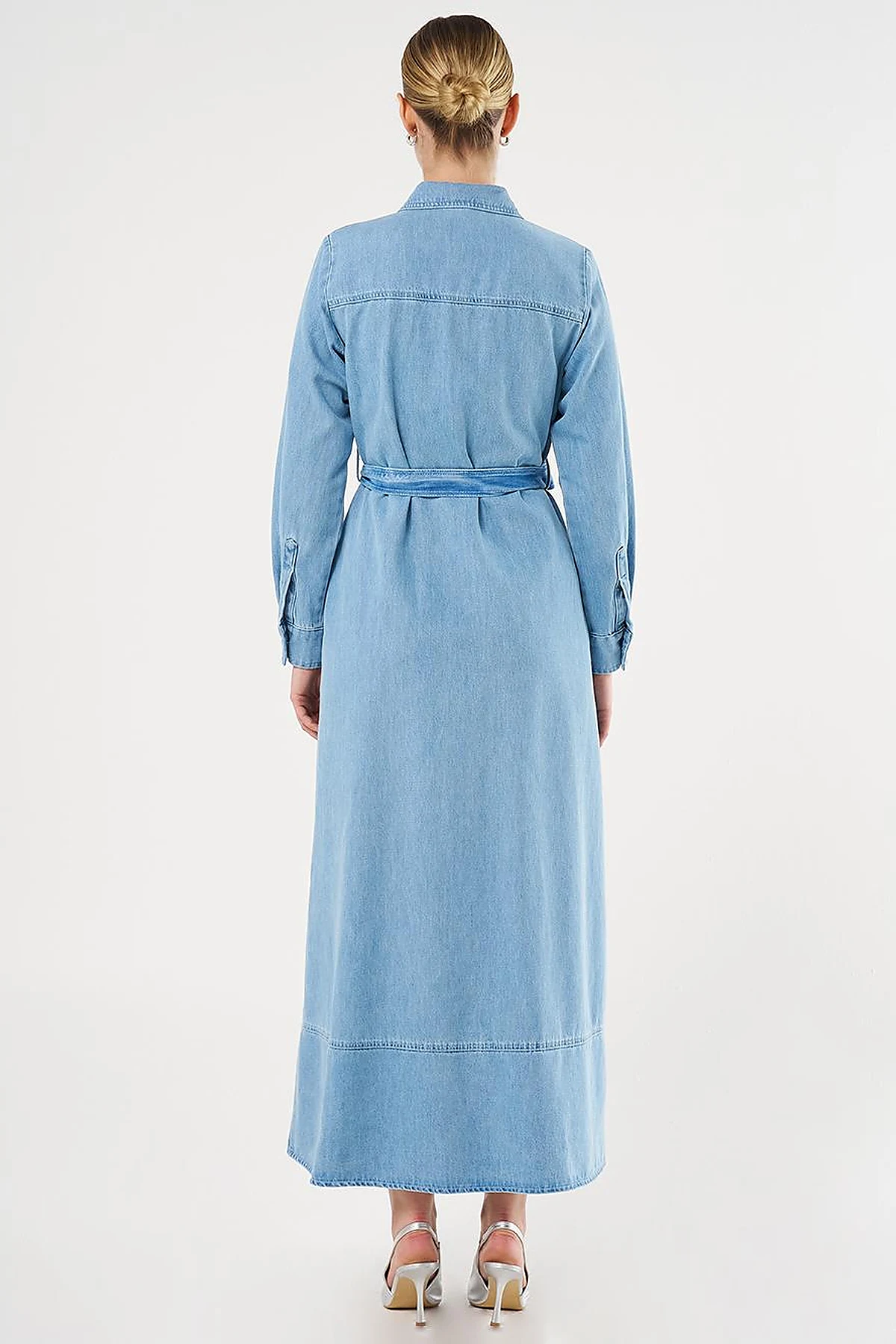  Flap Pocket and Belted Denim Dress Ice Blue