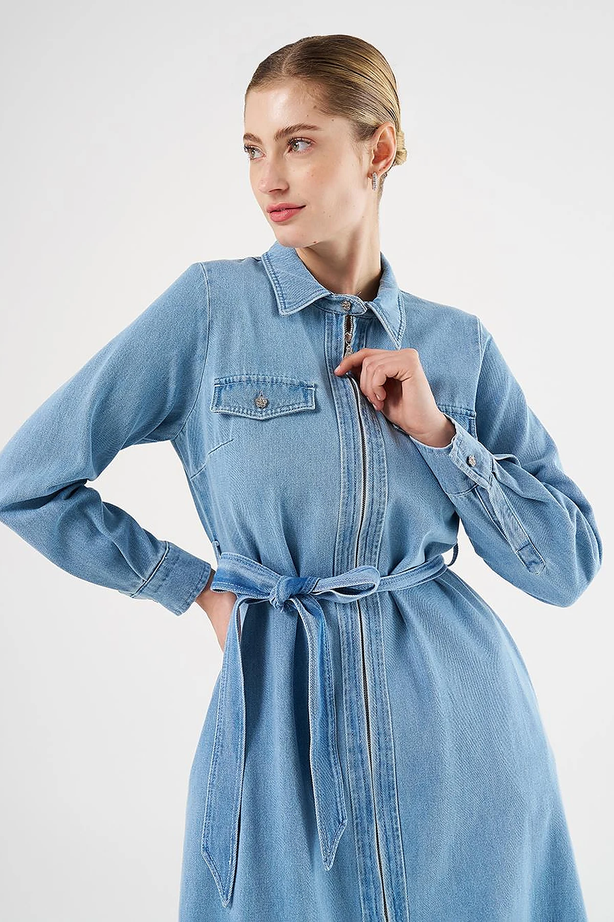  Flap Pocket and Belted Denim Dress Ice Blue