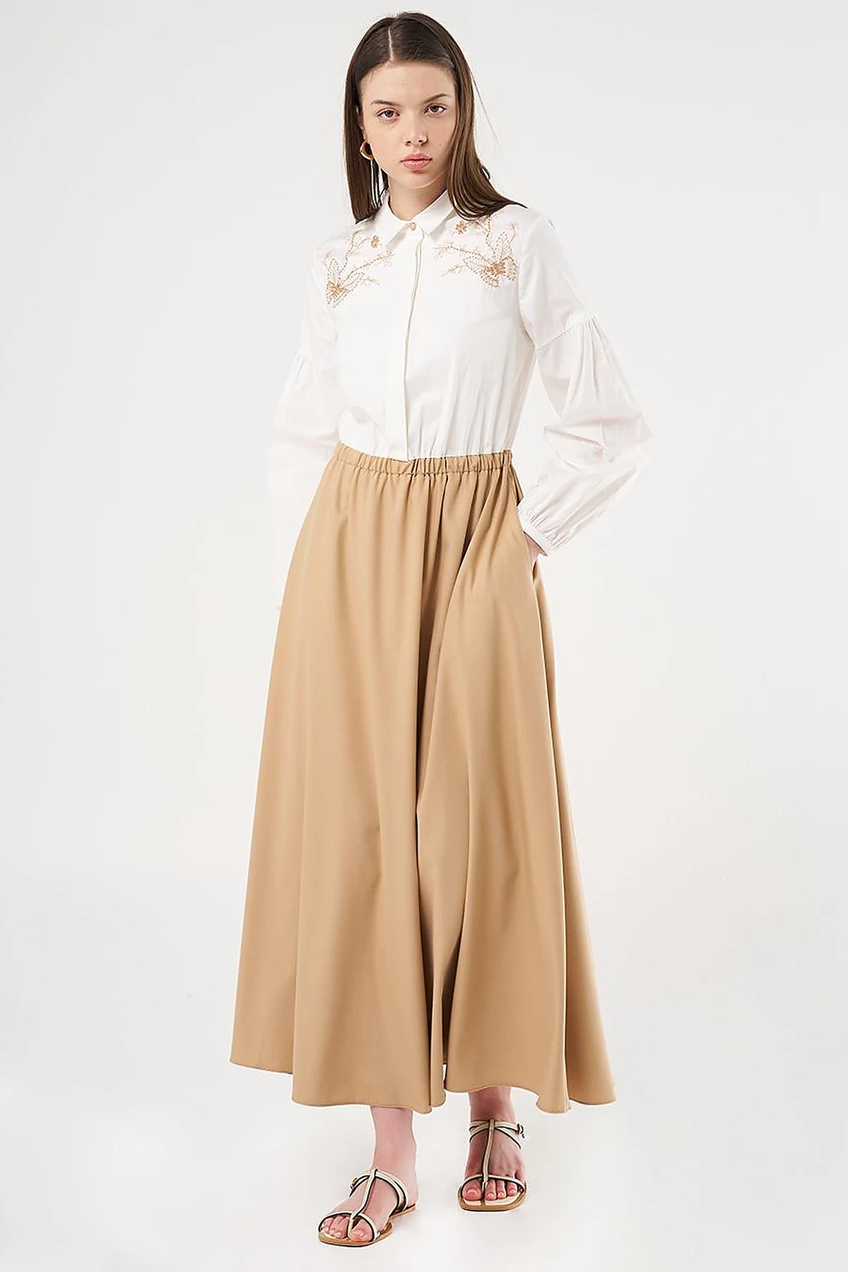Embroidered Maxi Dress Beige