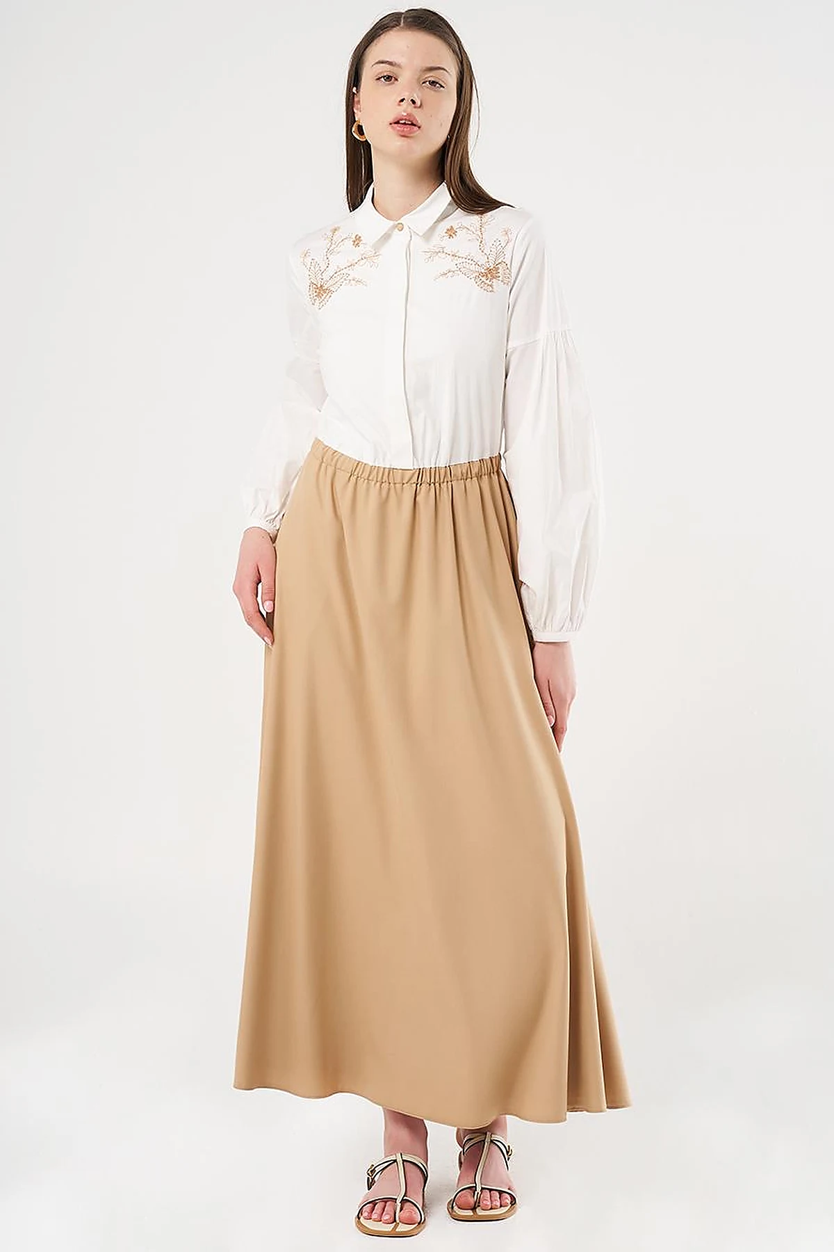 Embroidered Maxi Dress Beige