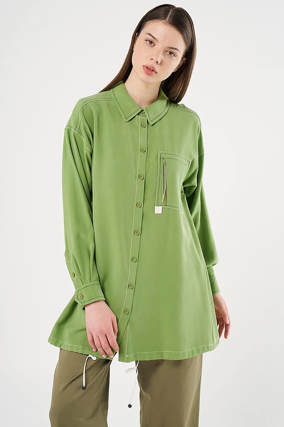 Punto-Stitched Chain-Embellished Tunic Pistachio Green