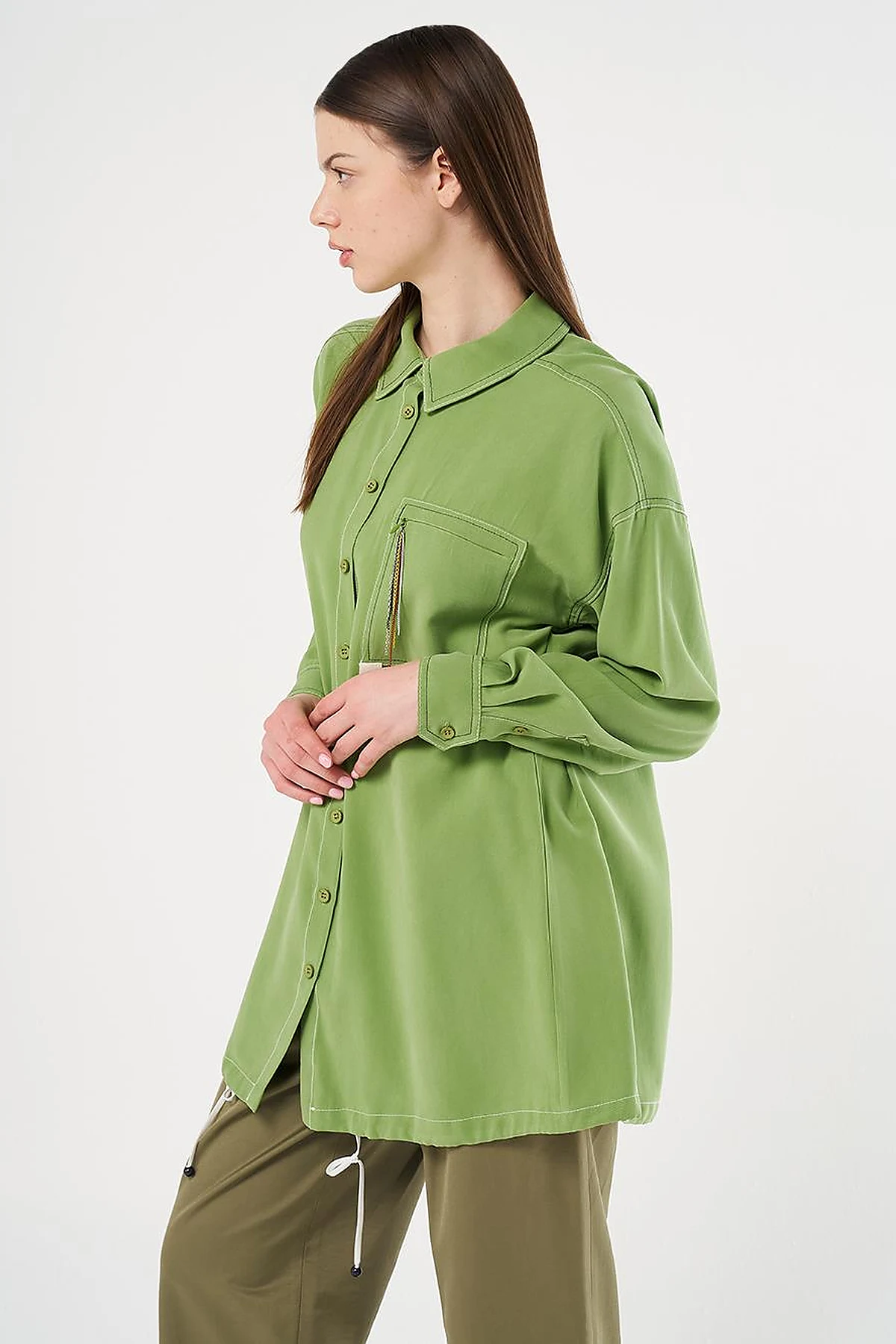 Punto-Stitched Chain-Embellished Tunic Pistachio Green