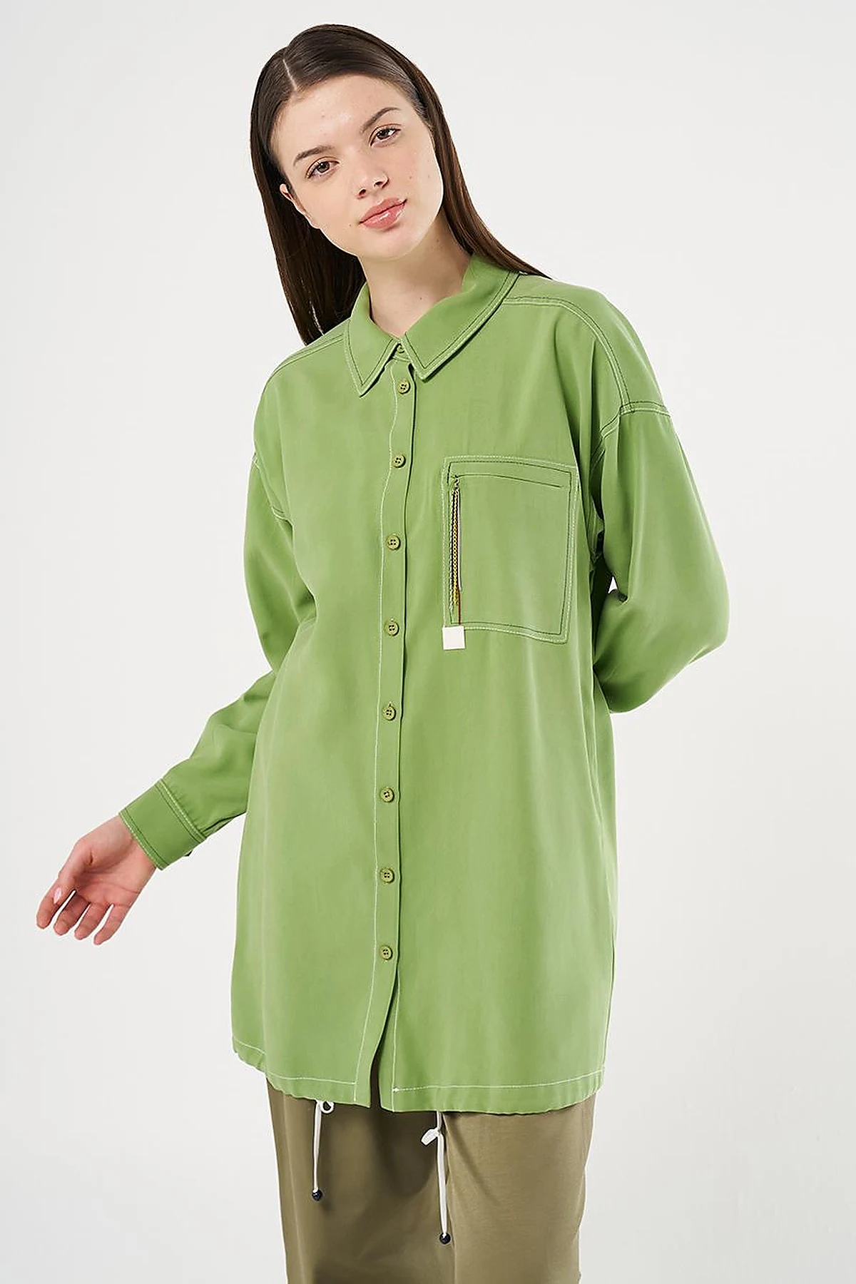 Punto-Stitched Chain-Embellished Tunic Pistachio Green