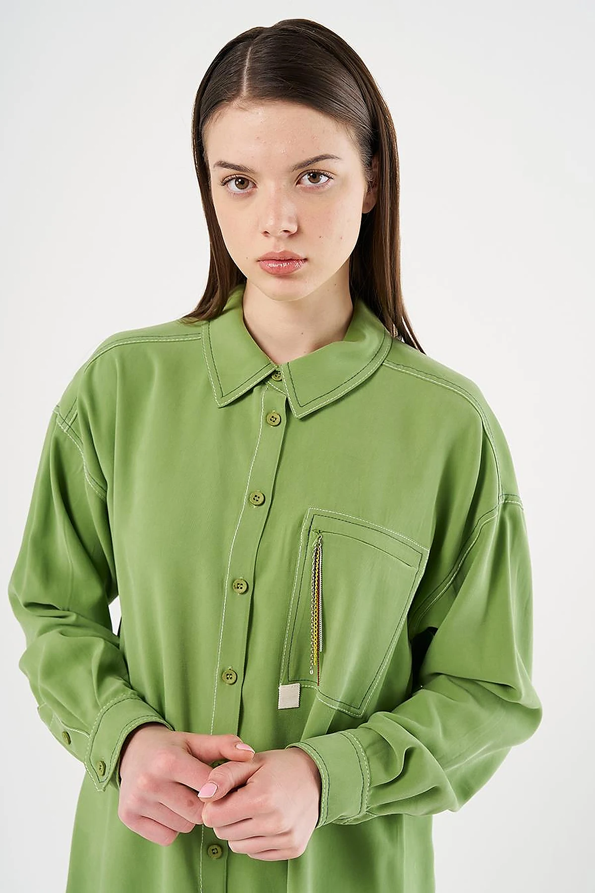 Punto-Stitched Chain-Embellished Tunic Pistachio Green