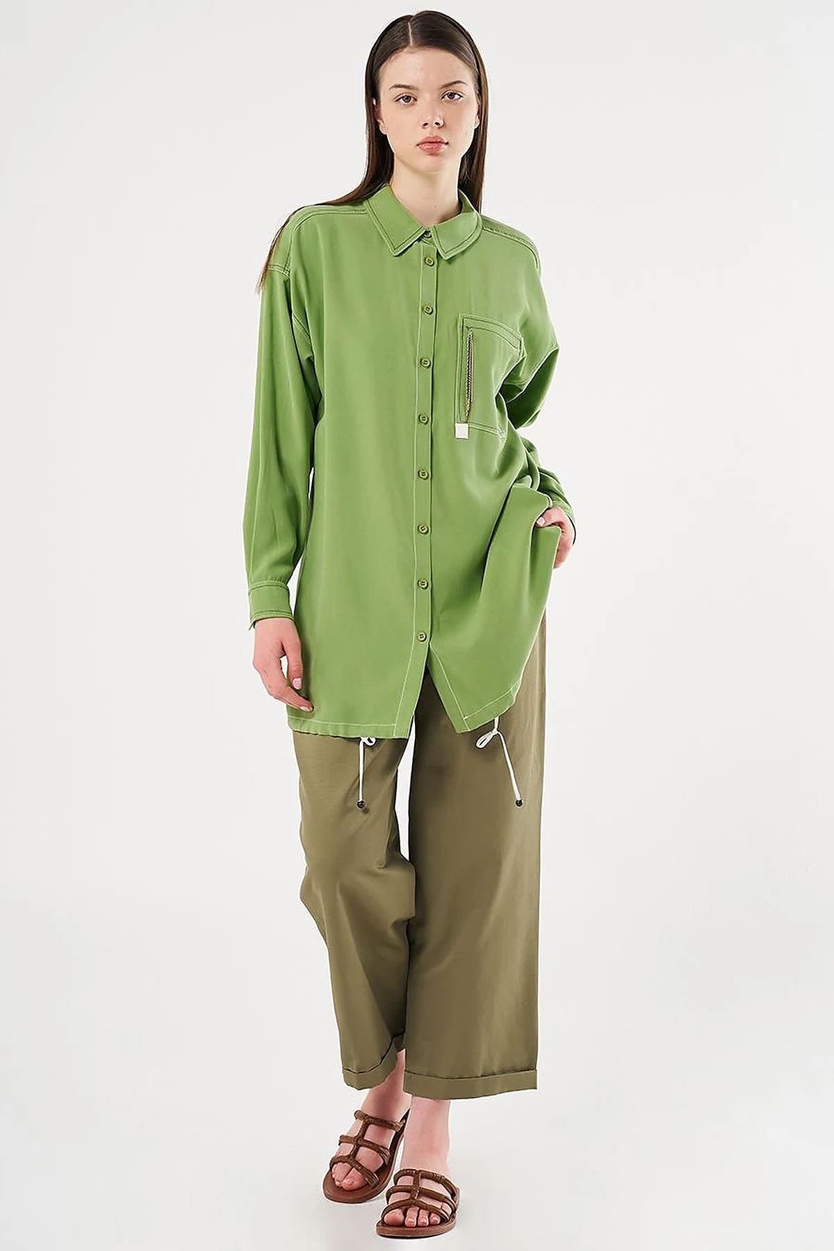 Punto-Stitched Chain-Embellished Tunic Pistachio Green