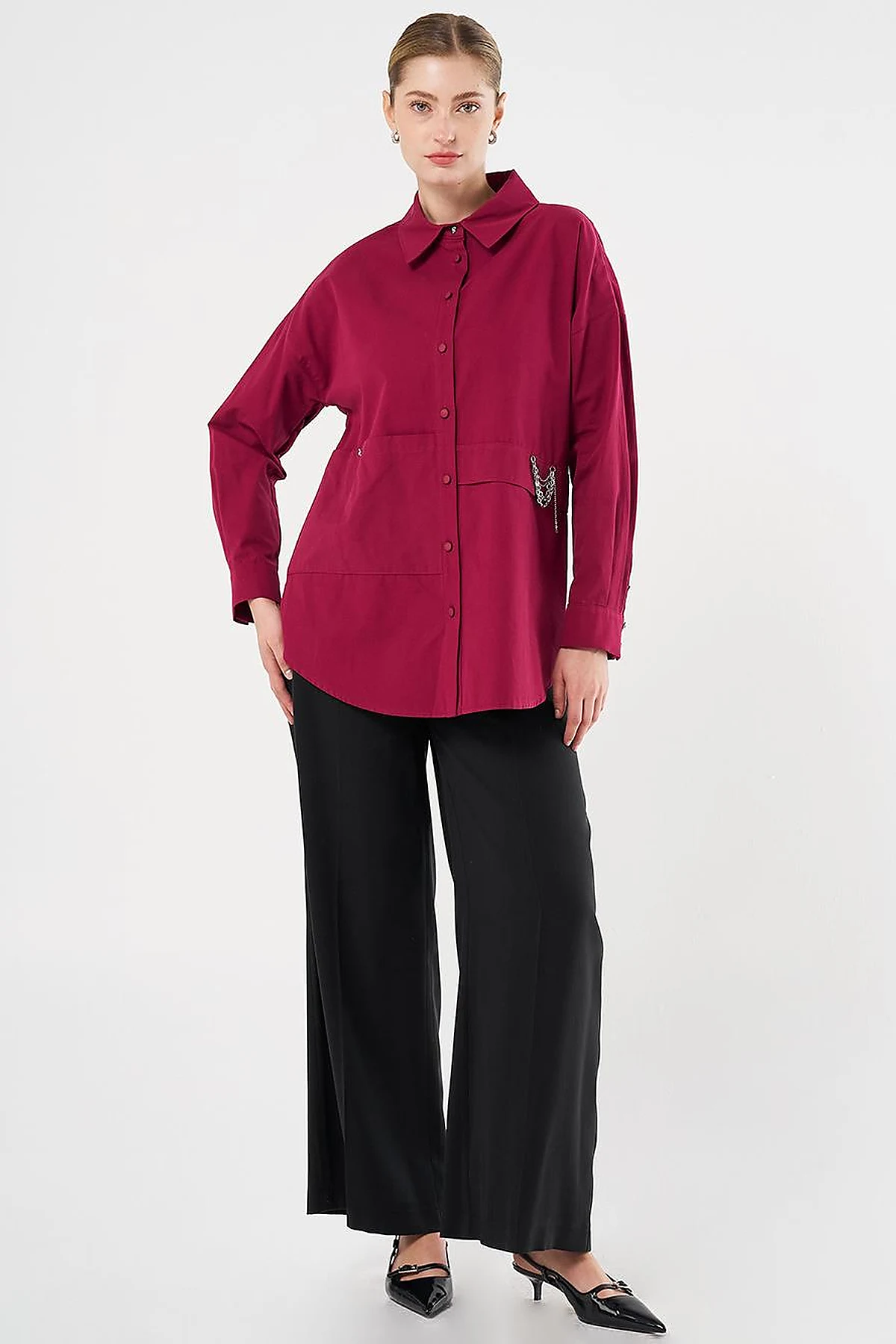 Chain-Detail Cotton Tunic Cherry