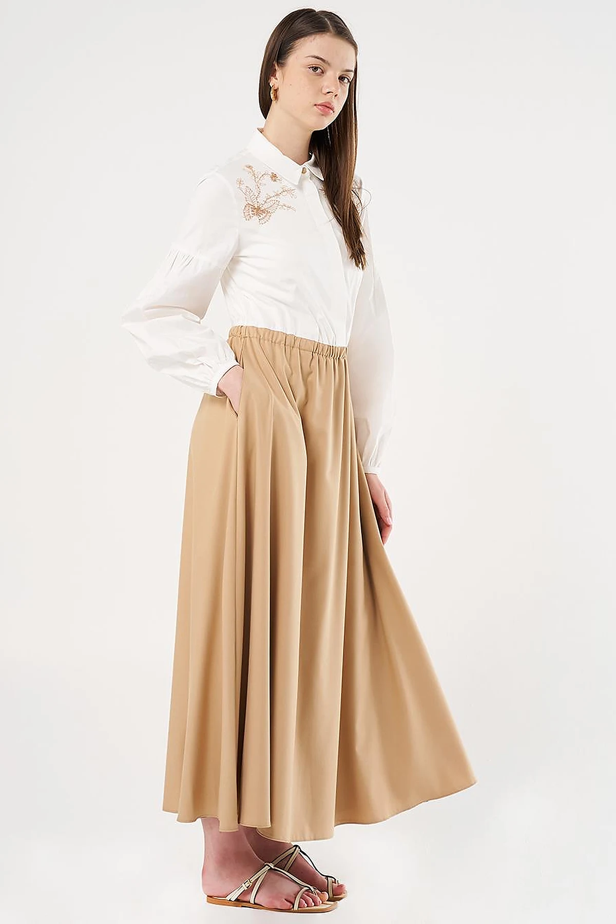 Embroidered Maxi Dress Beige