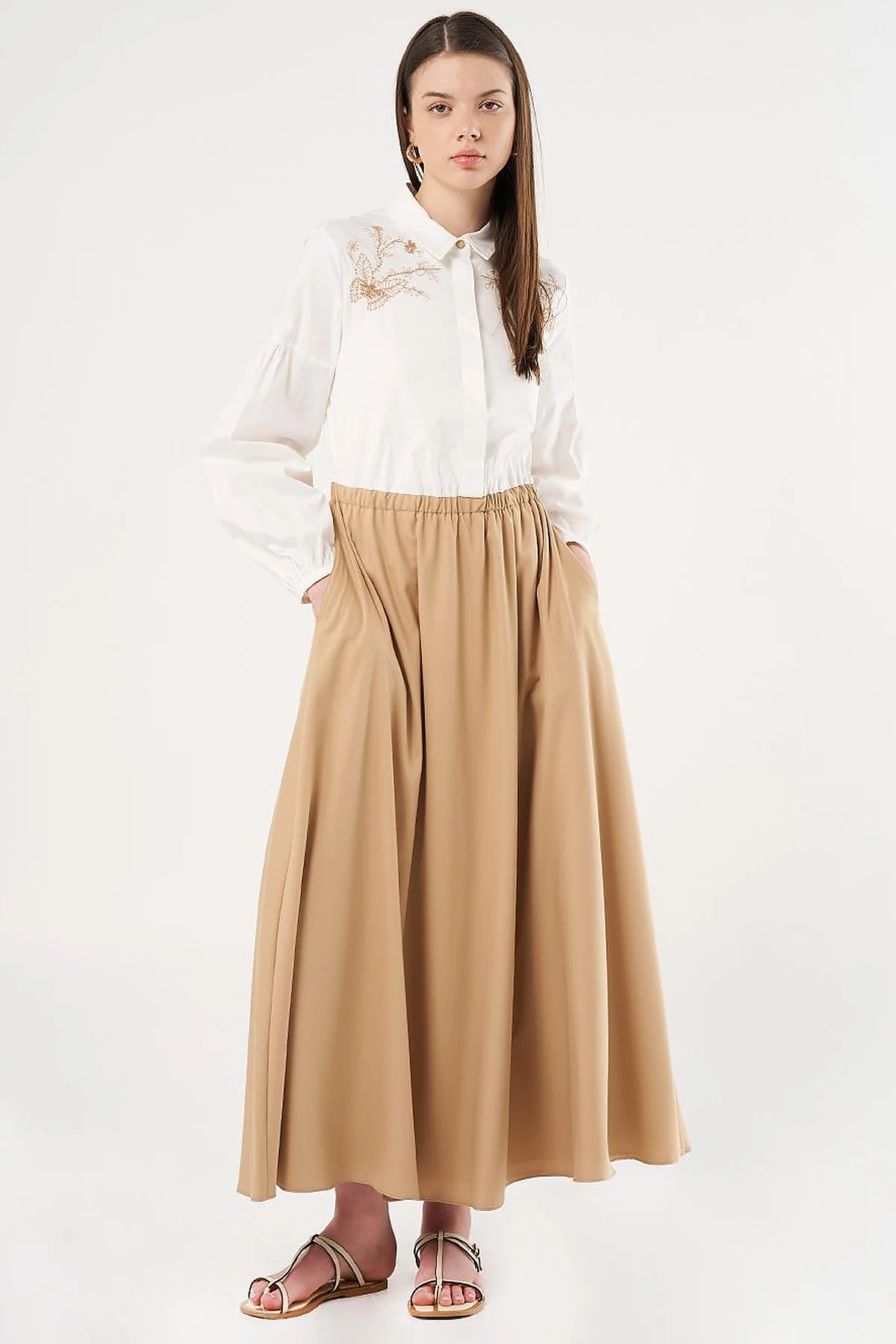 Embroidered Maxi Dress Beige