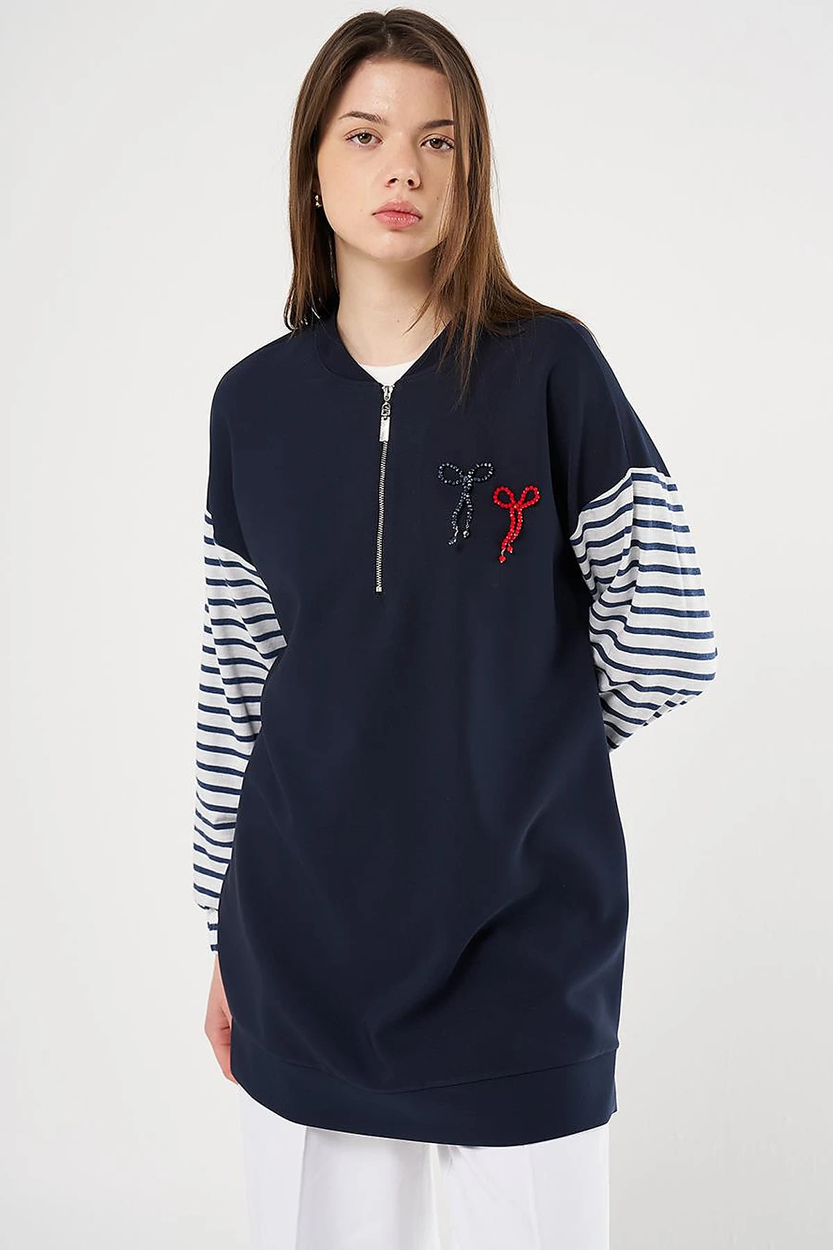 Bead Embellished Knit Sweatshirt in Dark Navy