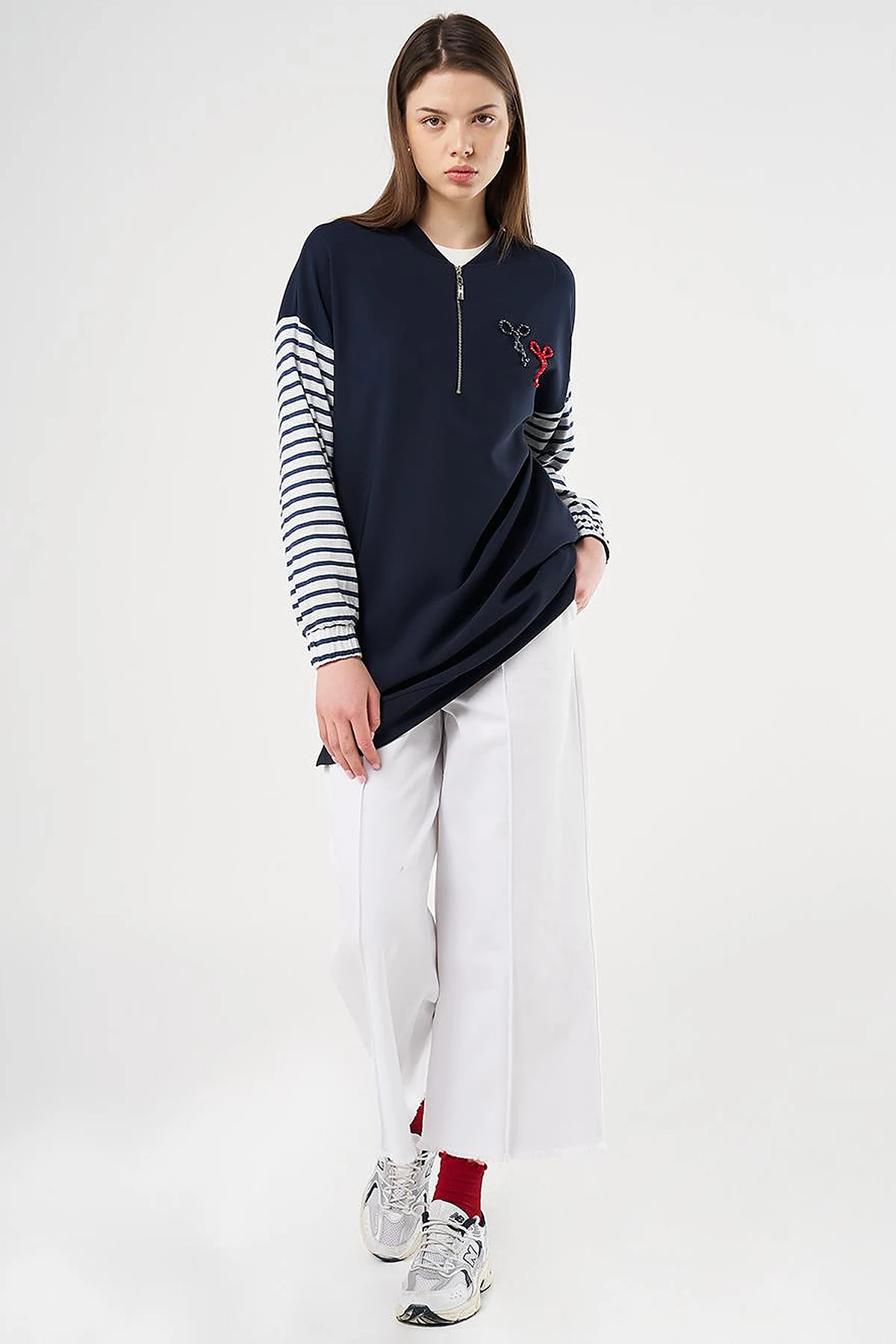 Bead Embellished Knit Sweatshirt in Dark Navy