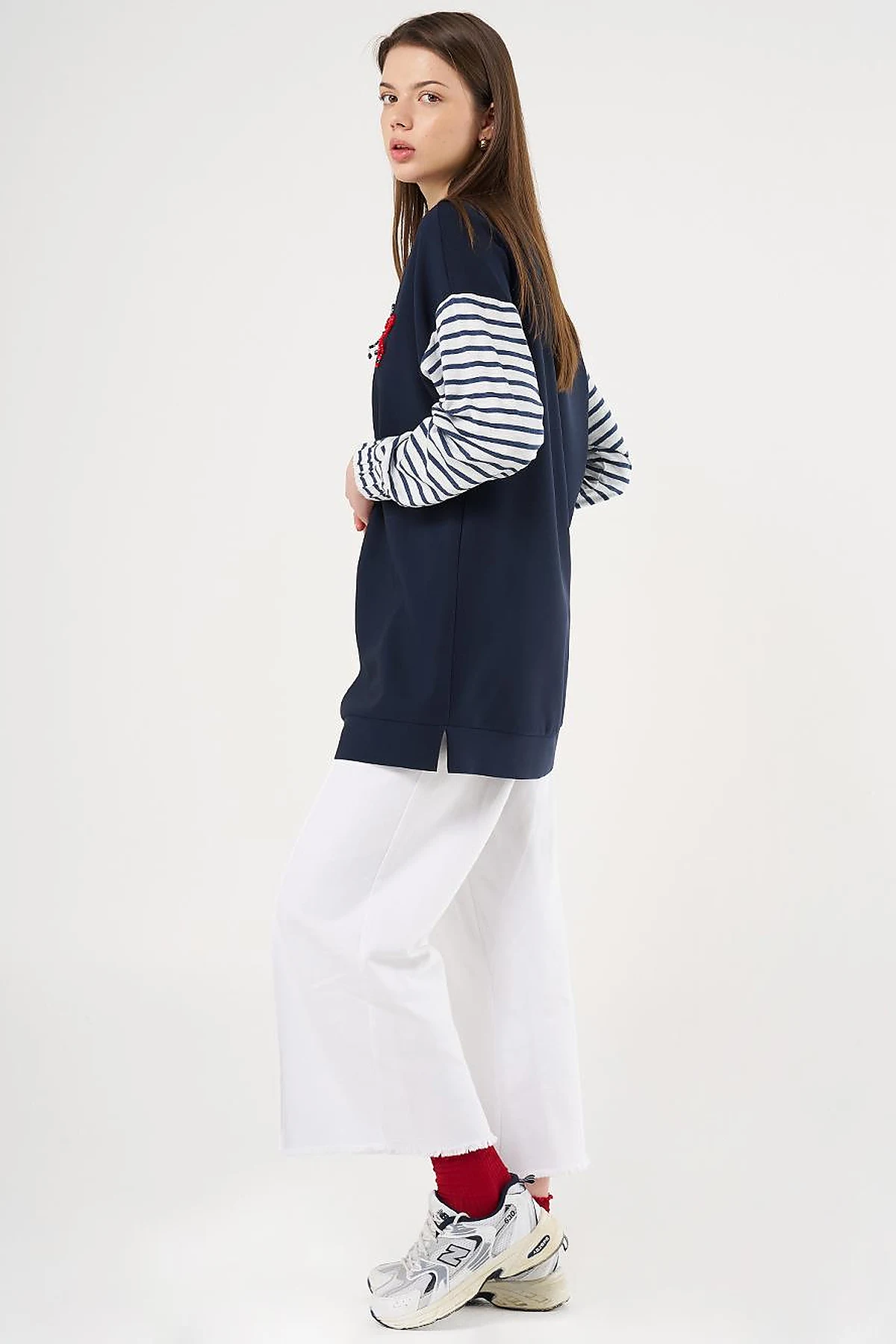 Bead Embellished Knit Sweatshirt in Dark Navy
