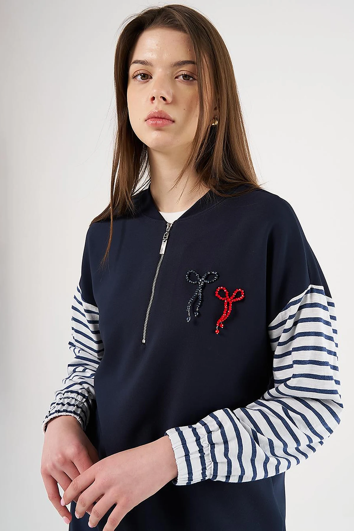 Bead Embellished Knit Sweatshirt in Dark Navy