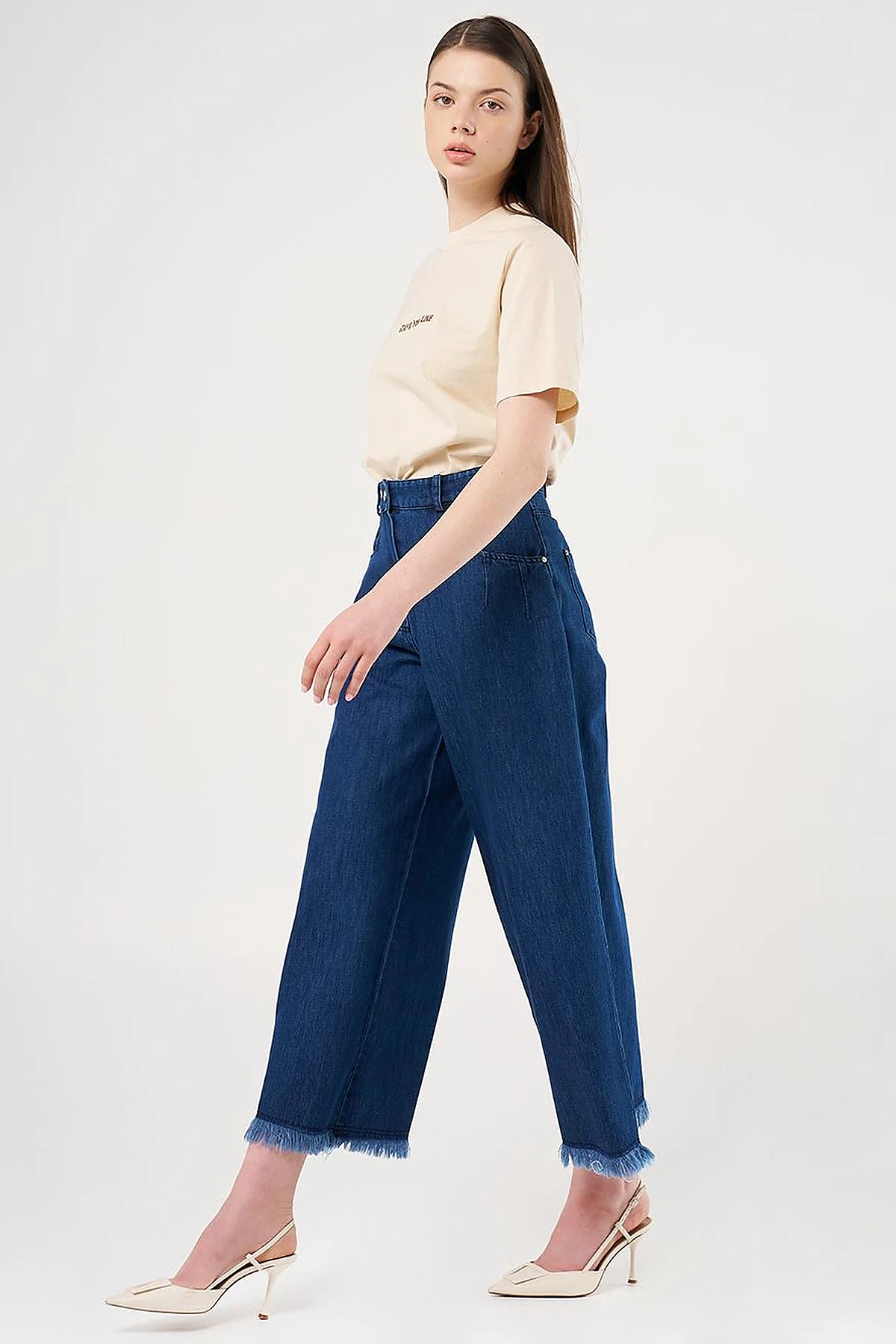 Distressed High-Waist Denim Pants Navy